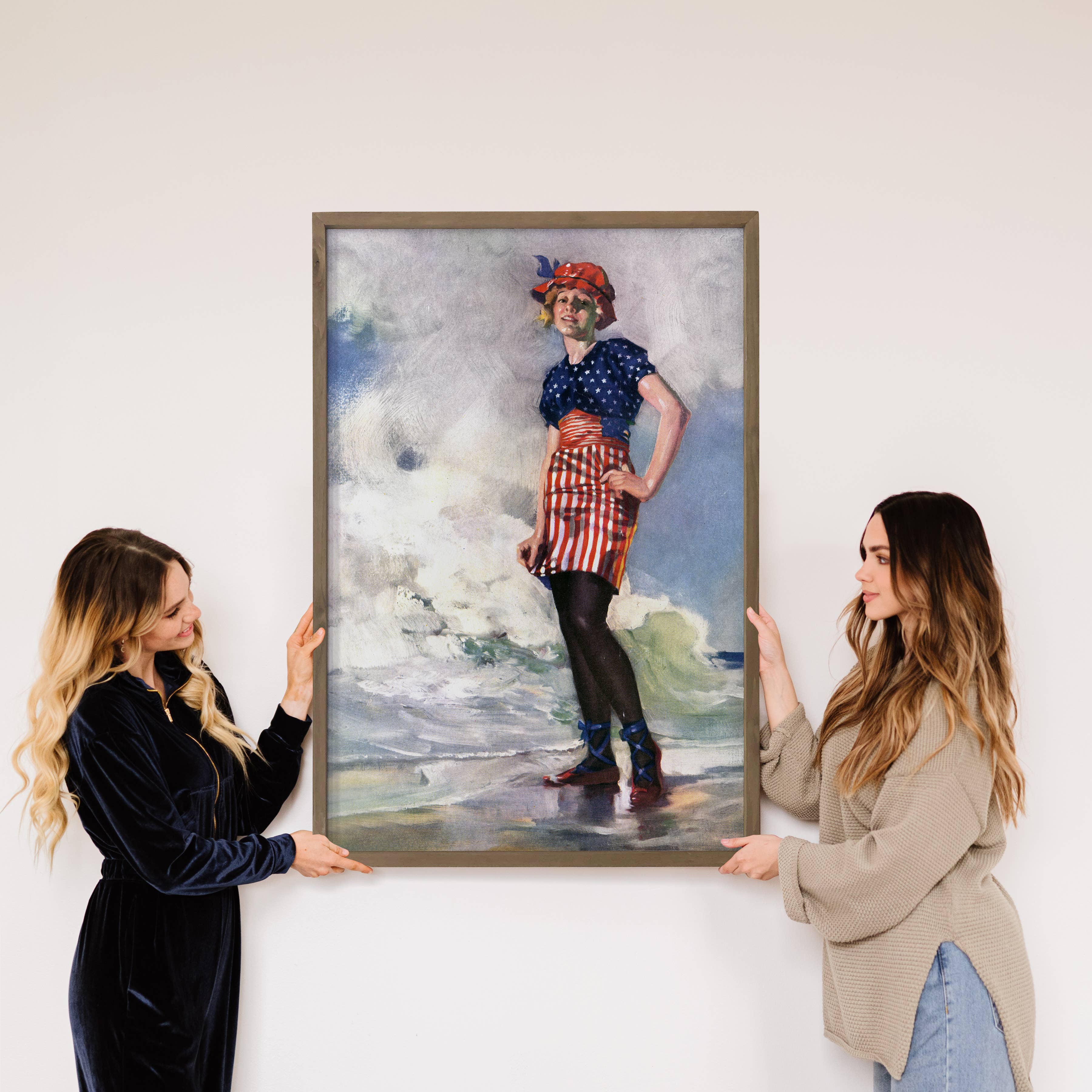 Vintage Flag Girl - Vintage Patriotic Canvas Art - Framed