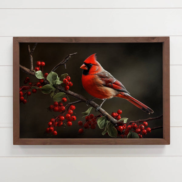 Cardinal Berry Branch - Nature Canvas Art with Wood Frame