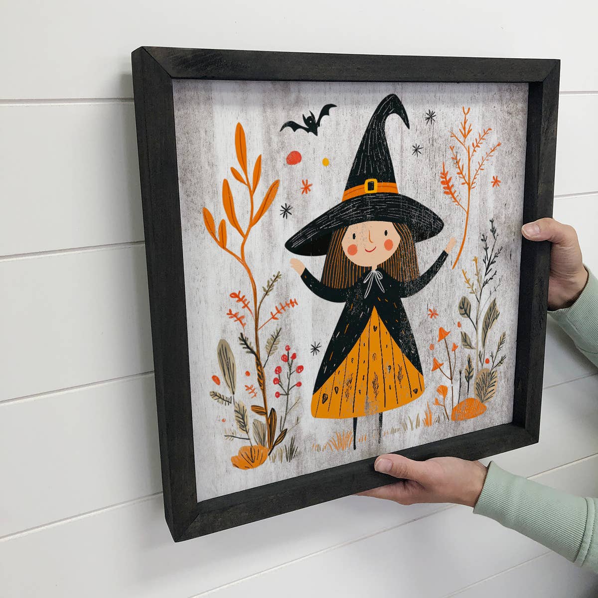 Folk Halloween Happy Witch - Halloween Canvas Art - Framed