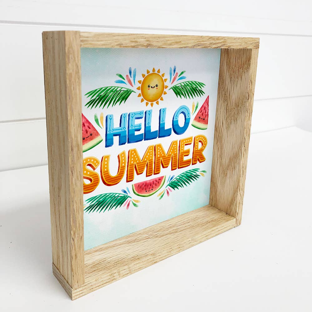 Hello Summer Fun Colorful Mantel Sign with Natural Frame