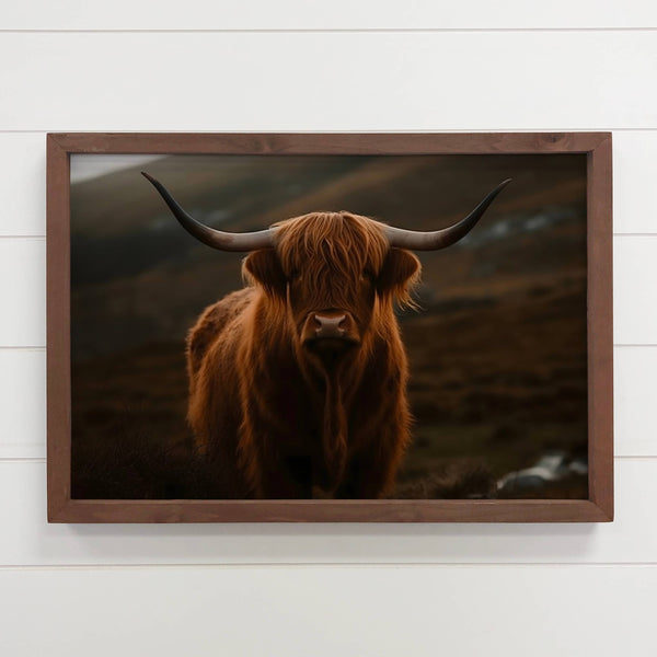 Highland Cow Dark - Framed Animal Canvas Art - Cabin Decor