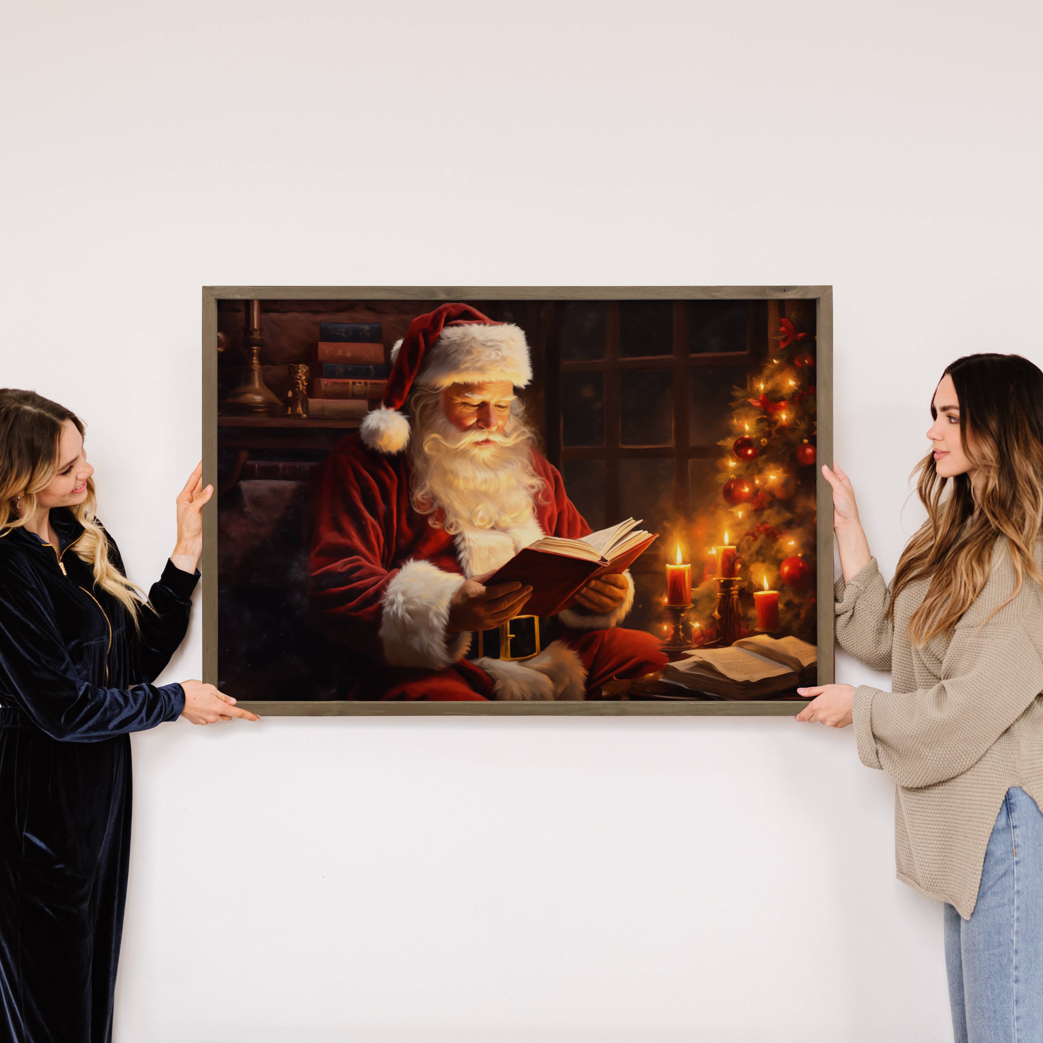 Santa Reading a Book - Santa Canvas Art - Wood Framed Decor