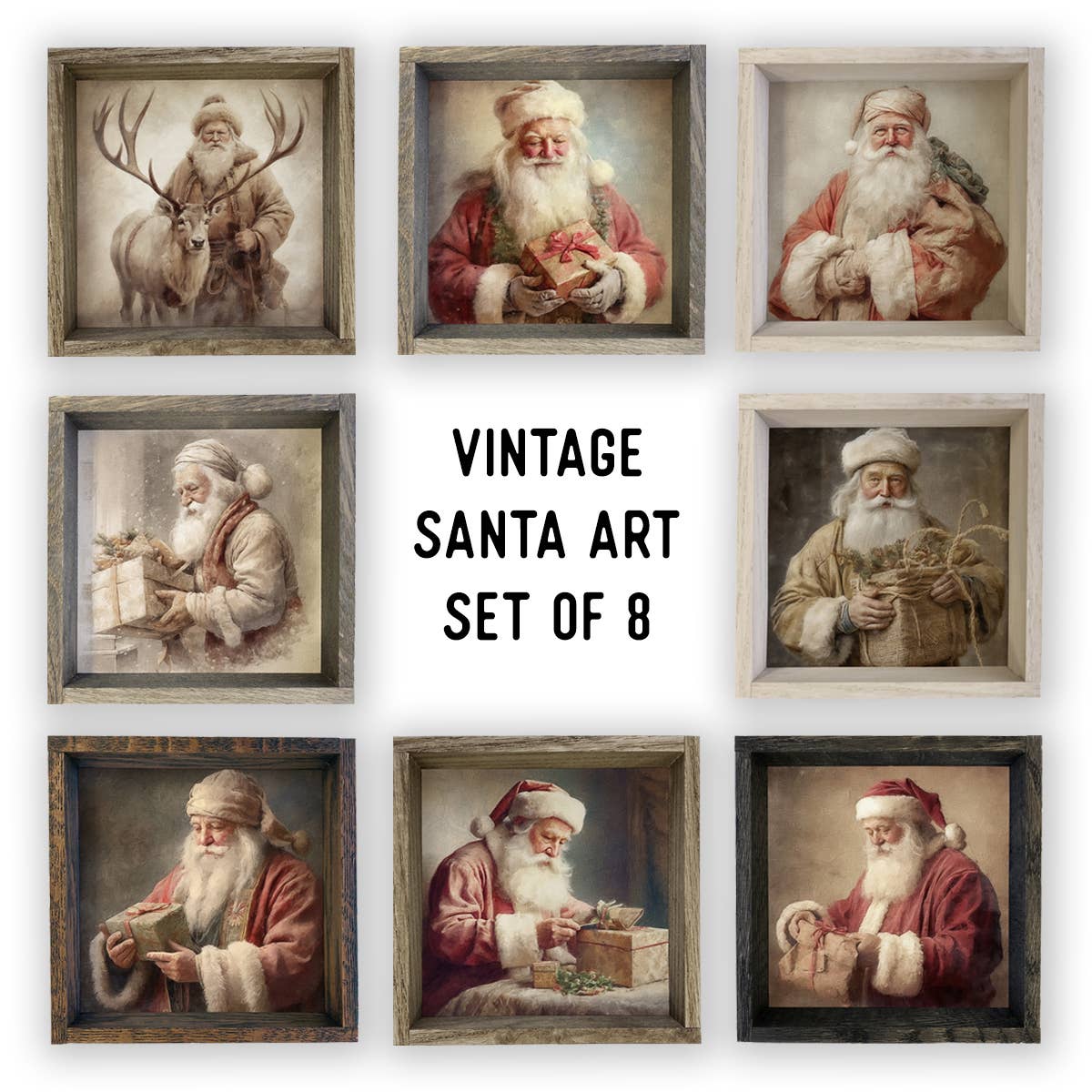 Set of 8 Vintage Santa Art Framed Boxed Signs