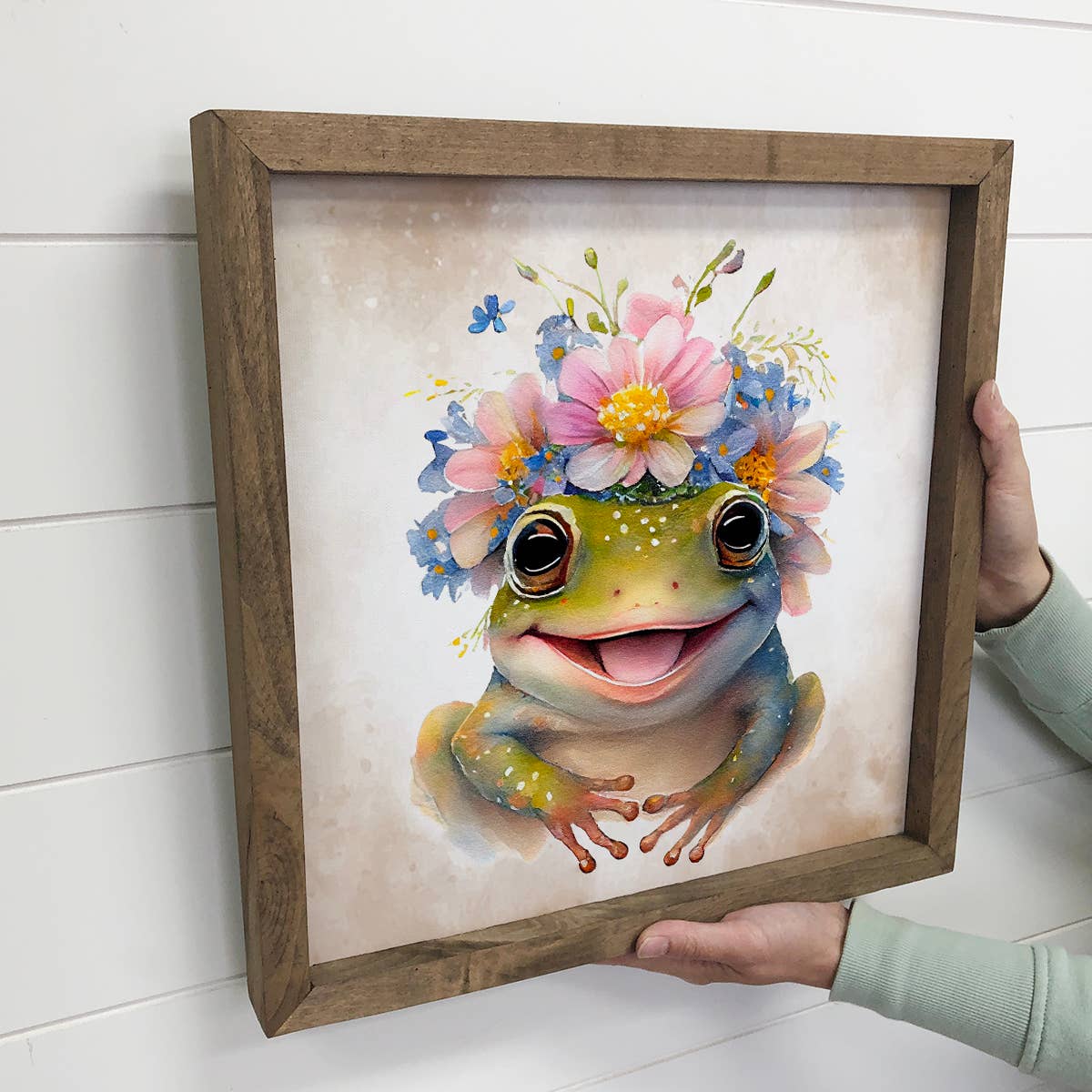 Cute Flower Frog - Nursery Art with Rustic Wood Frame