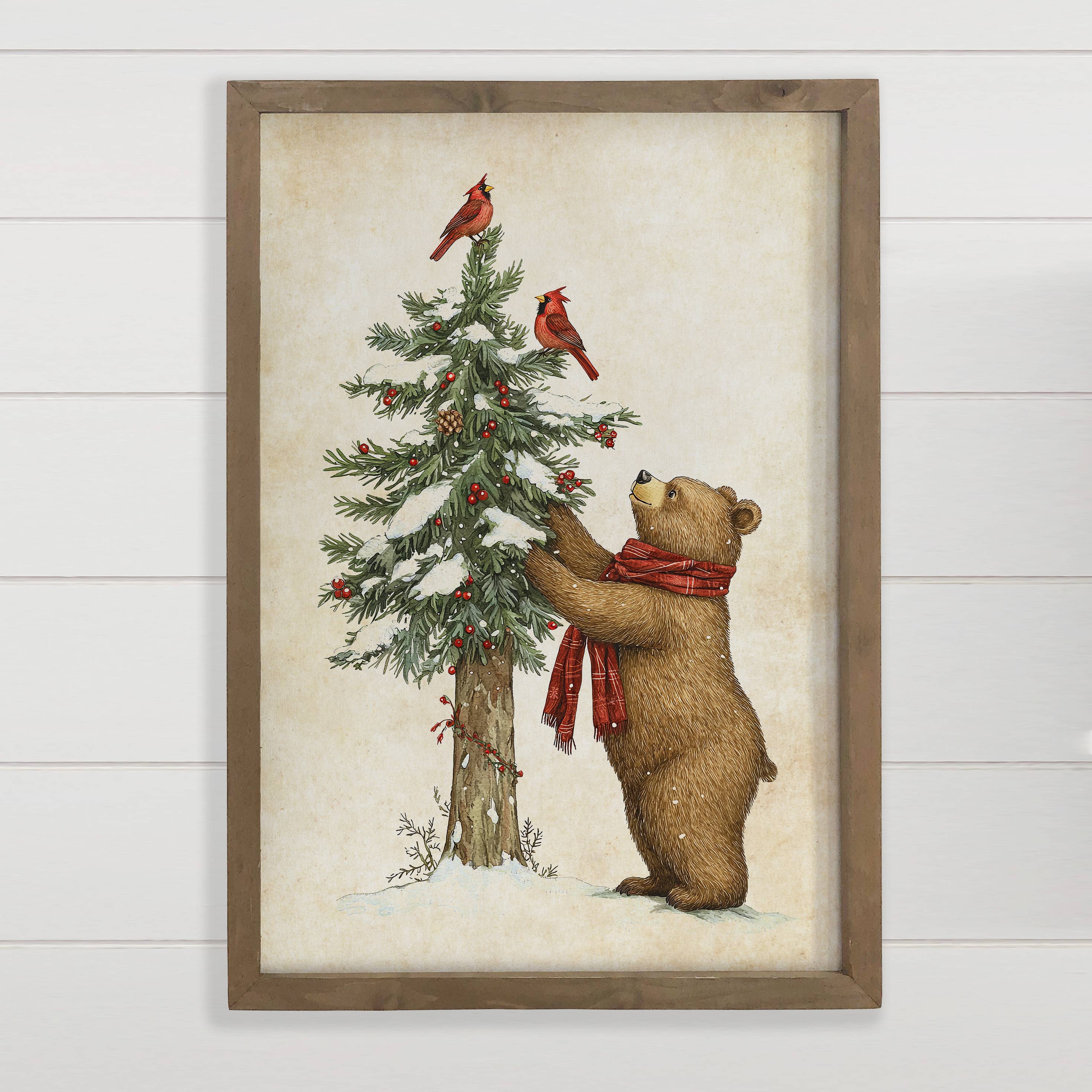 Bear Cardinals Christmas Tree - Animal Holiday Canvas Art