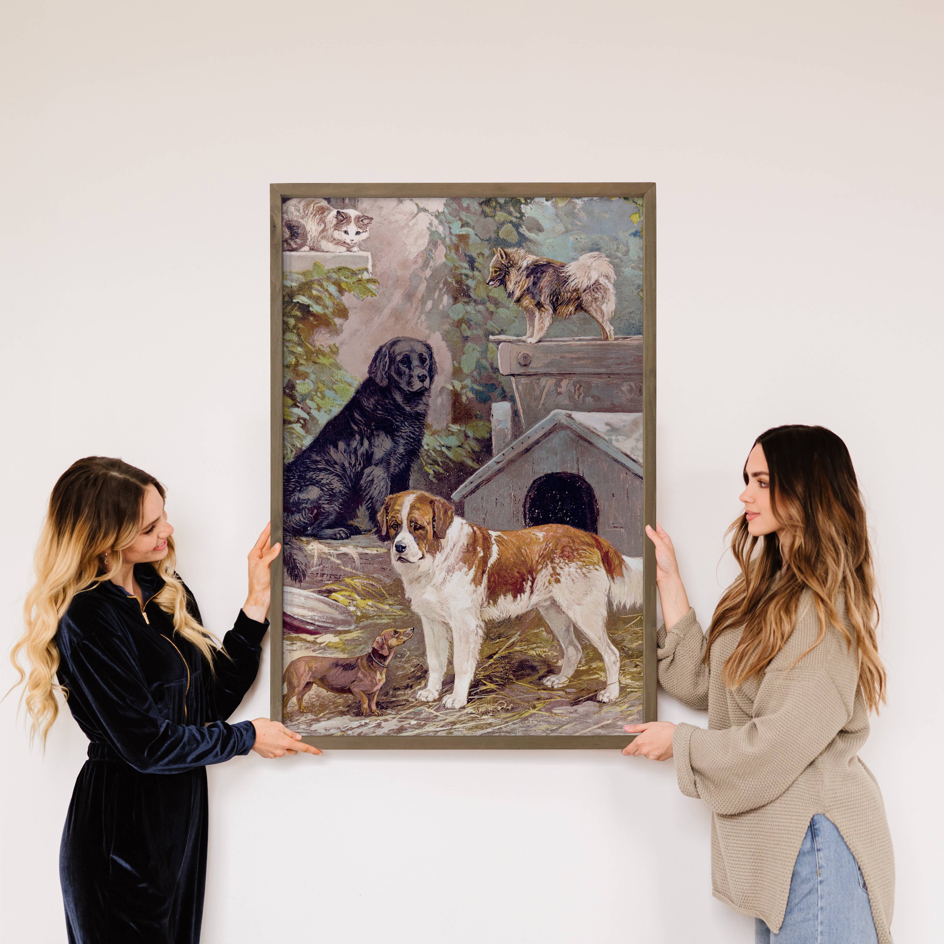 Dogs and Cat Friends - Animal Canvas Art - Wood Framed Art