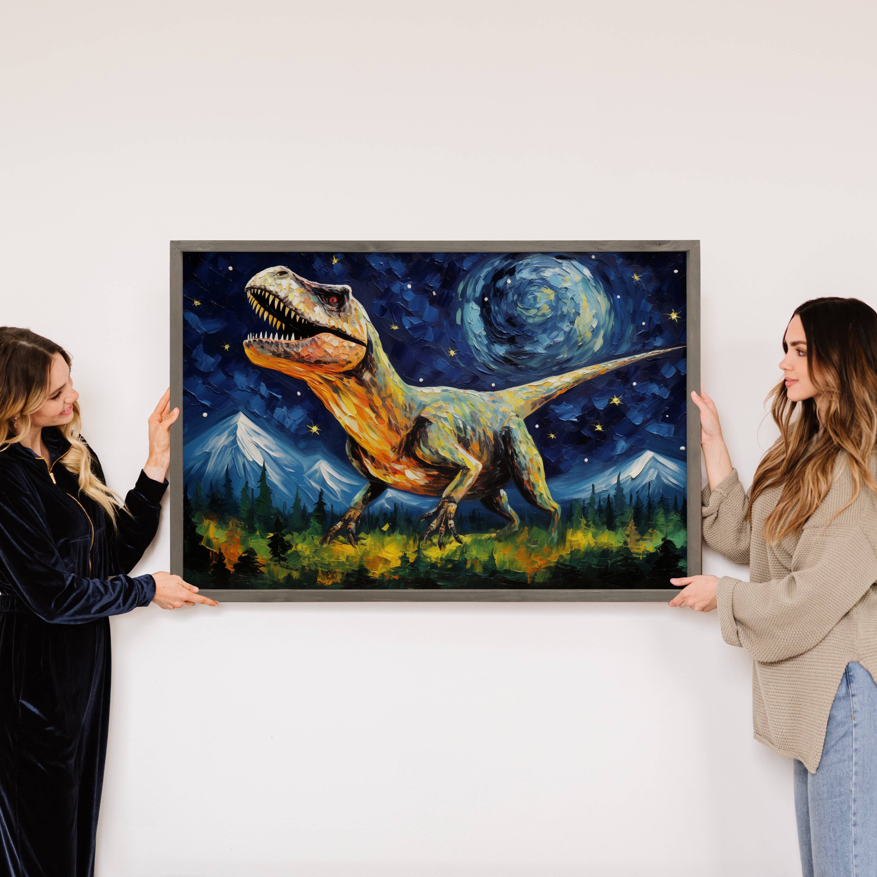 T-Rex Starry Night - T- Rex Canvas Art - Wood Framed Artwork