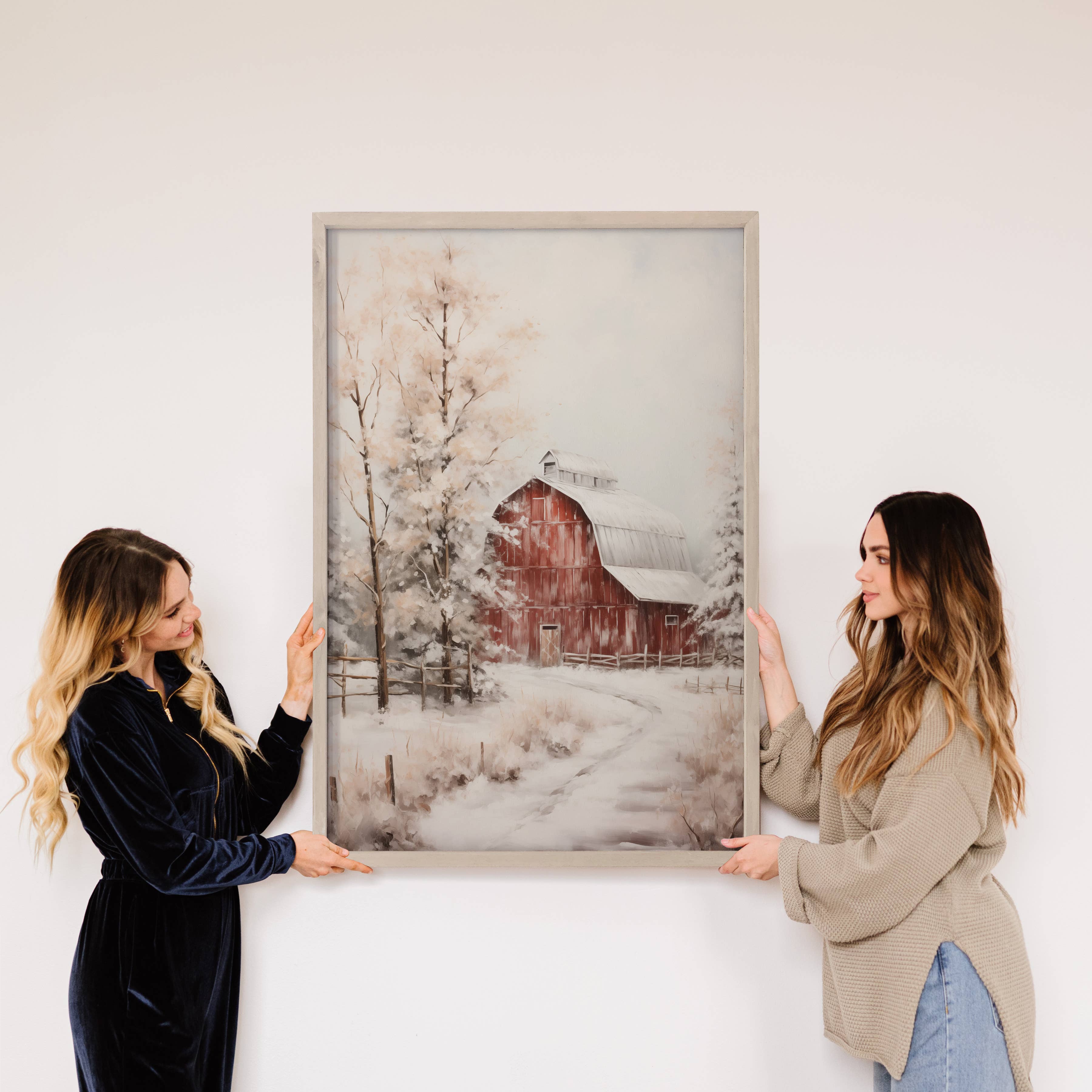 Snowy Winter Red Barn - Winter Scene Canvas Art - Framed