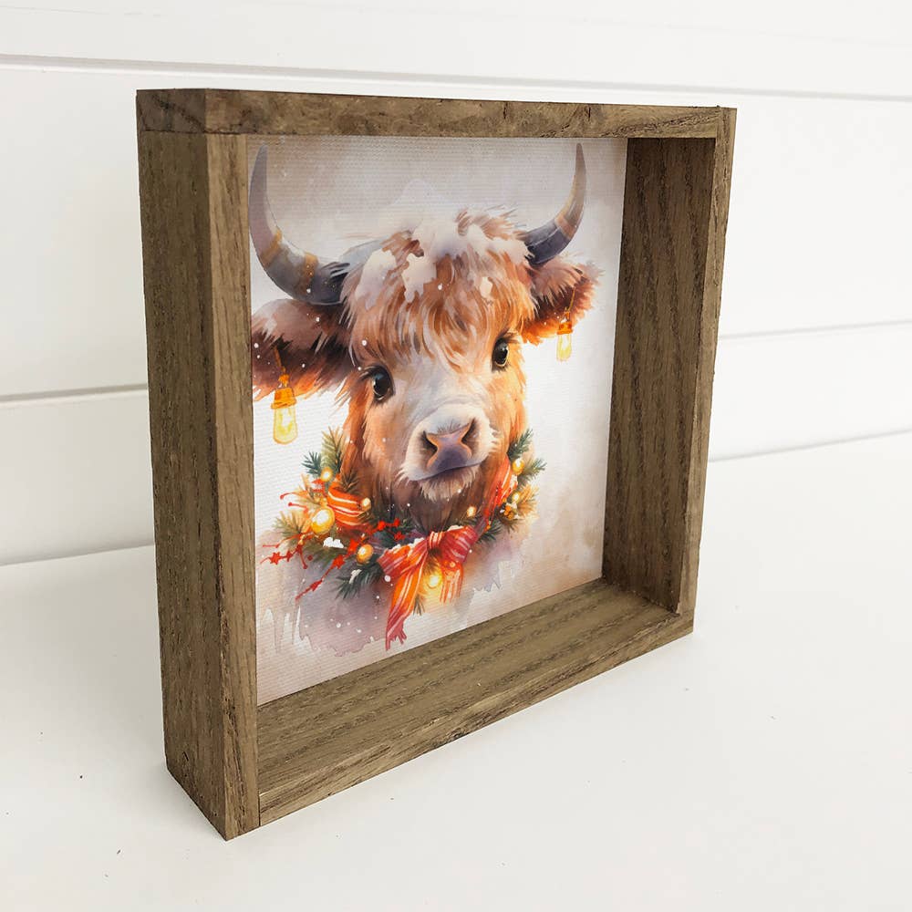Highland Cow Christmas Lights - Animal Holiday Canvas Art
