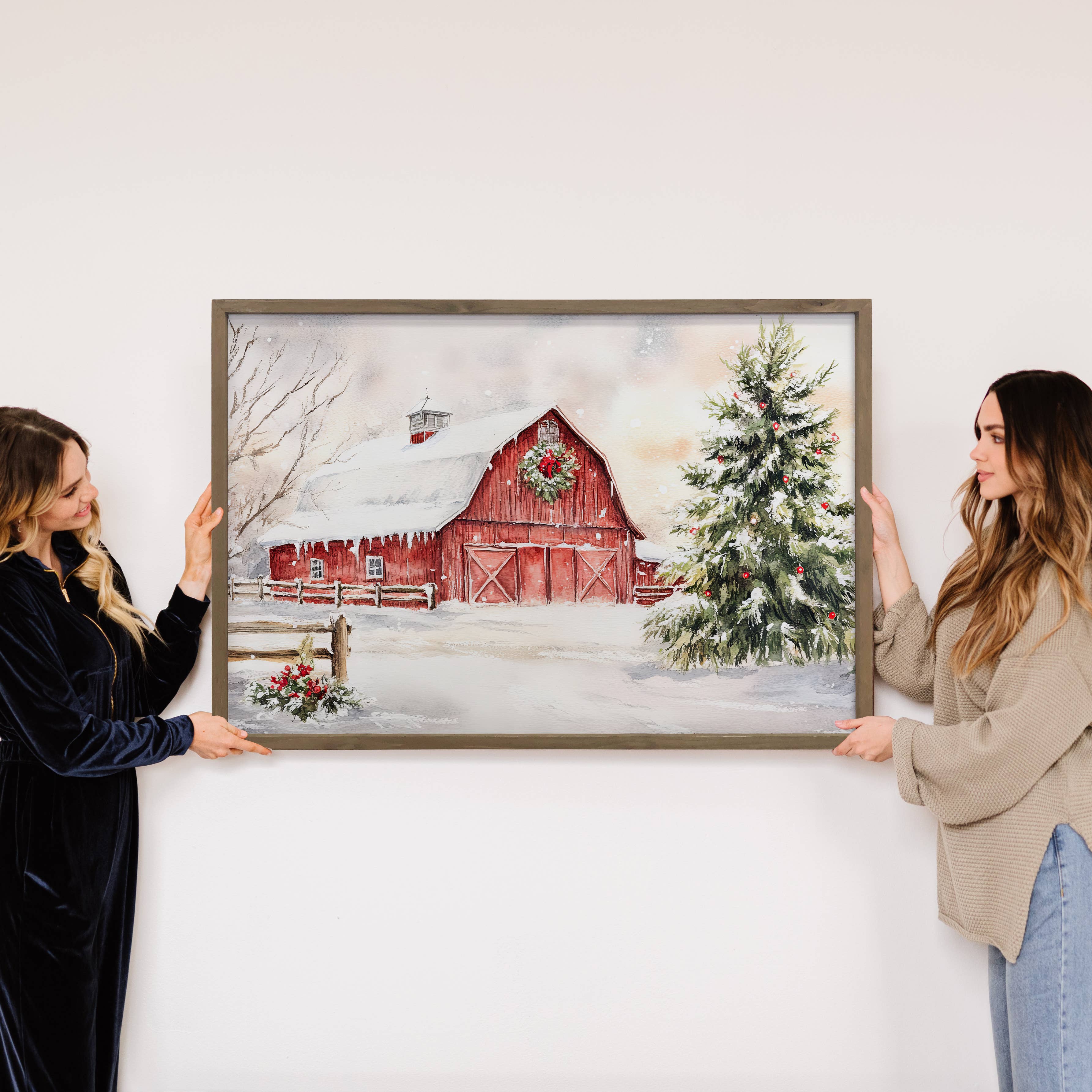 Christmas Red Barn in Snow - Farmhouse Christmas Wall Art