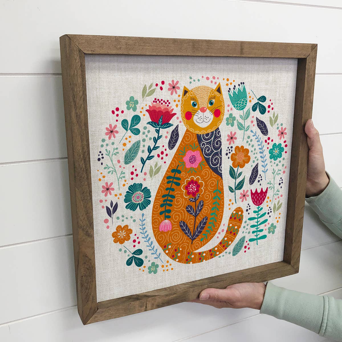 Folk Orange Cat Wall Art - Animal Folk Canvas Art - Framed