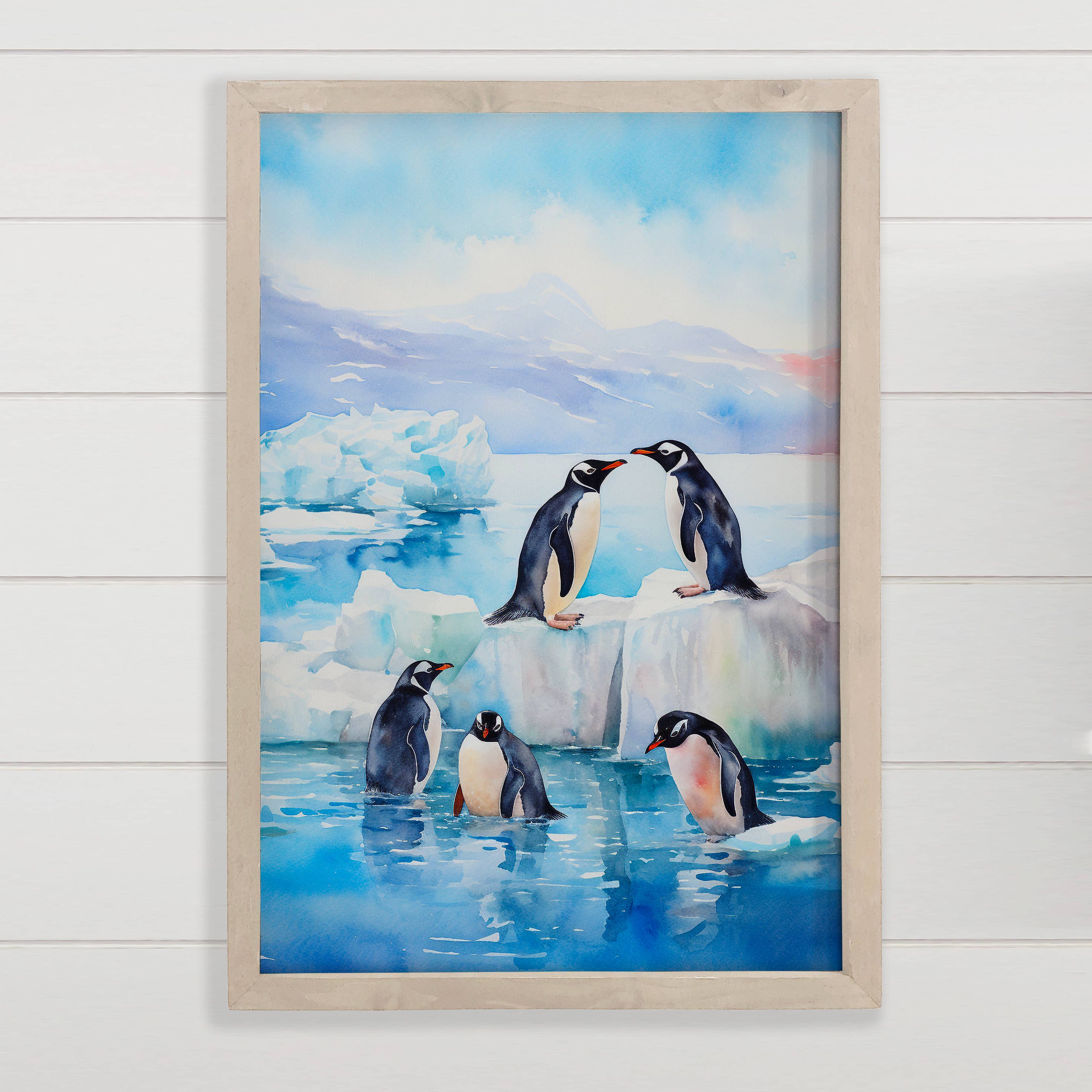 Penguins at Play - Winter Animal Canvas Art - Wood Framed