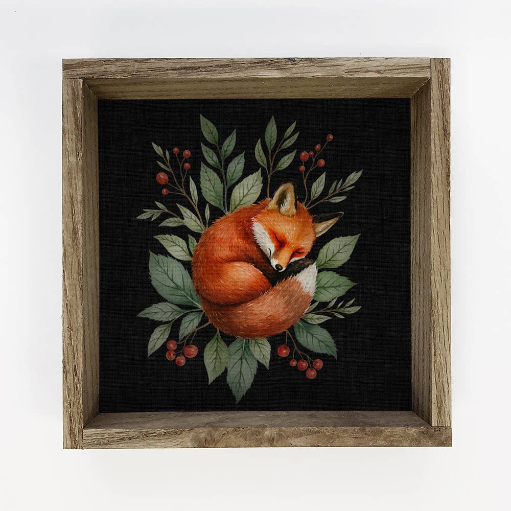 Sleeping Fox Woodland Berries - Cute Fox Canvas Art - Framed
