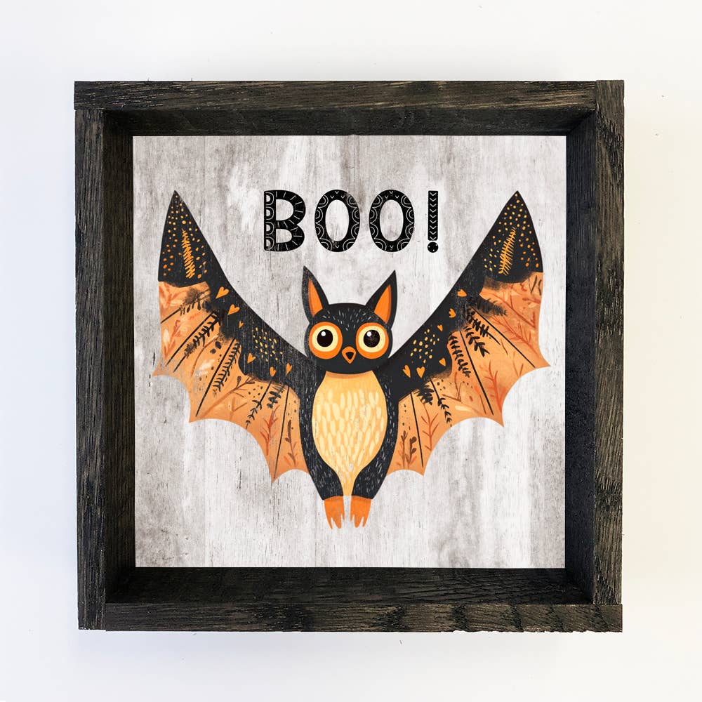 Folk Halloween Boo Bat - Halloween Canvas Art - Wood Framed