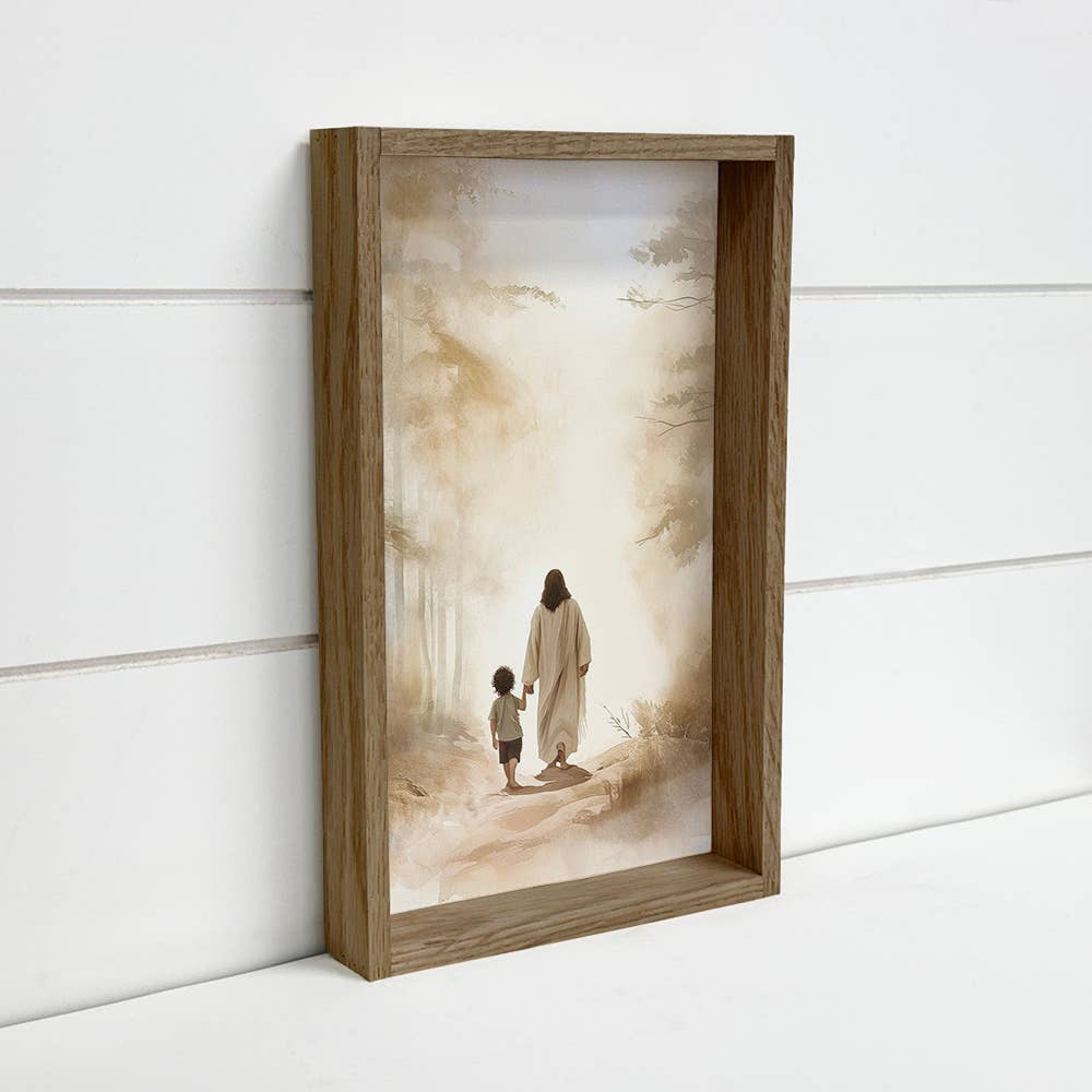 Jesus Walking with Dark Haired Boy - Jesus Canvas Art
