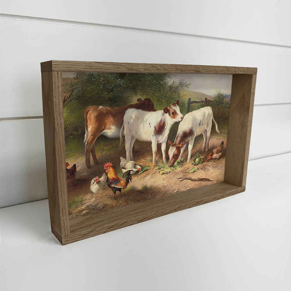 Farm Calves and Chickens - Farmhouse Canvas Art - Wood Frame
