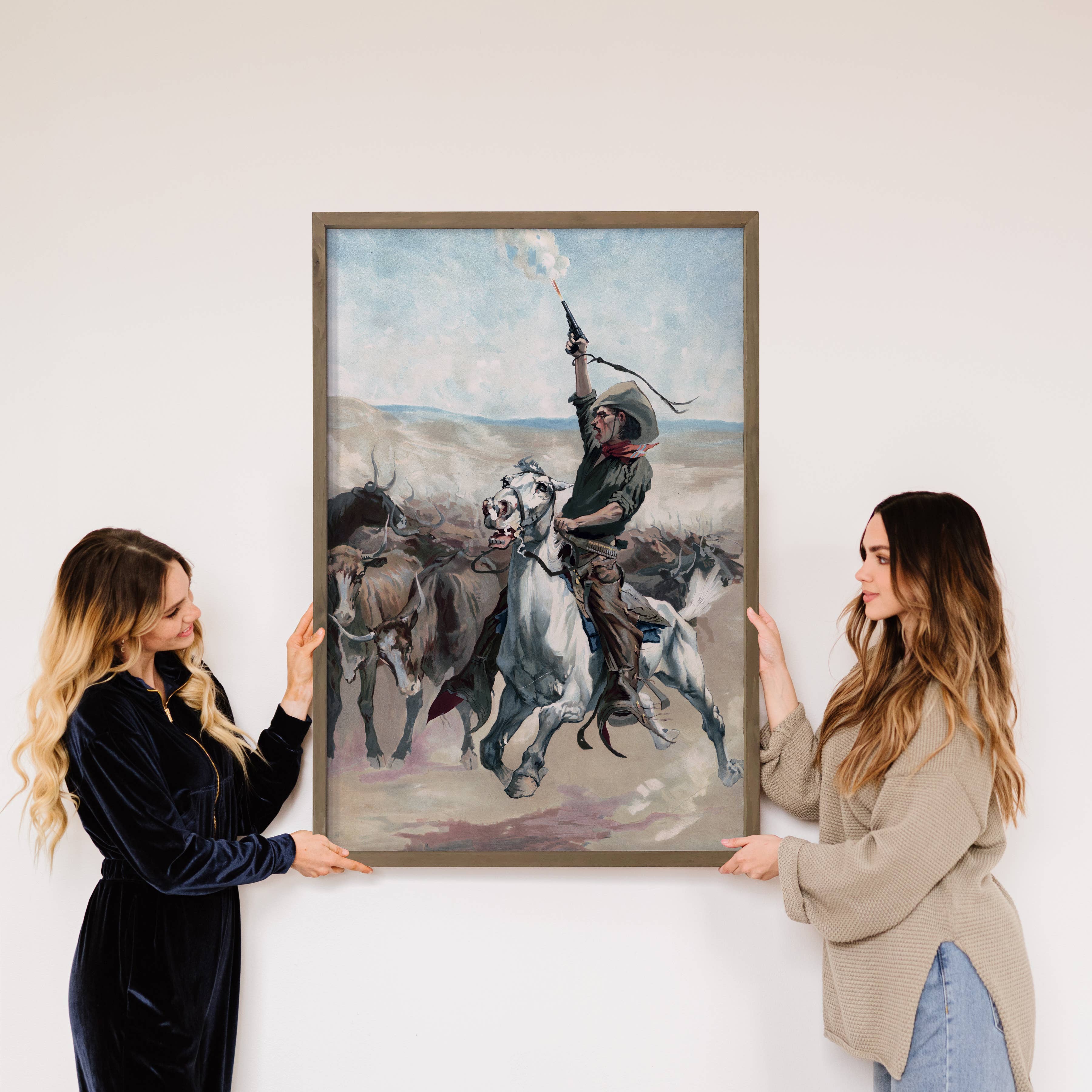 Cowboy Stampede - Cowboy Canvas Art - Wood Framed Wall Art