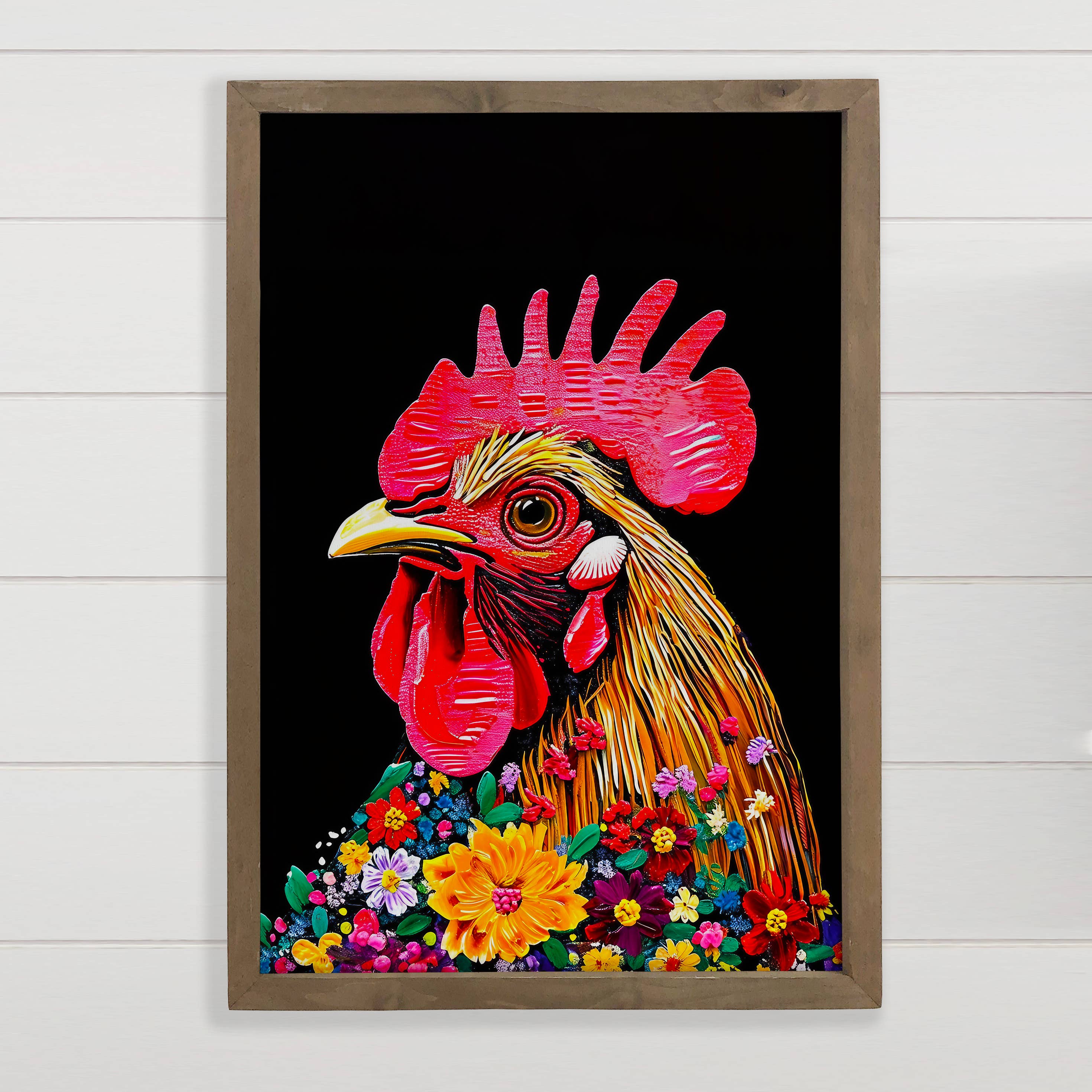 Colorful Floral Chicken - Chicken Canvas Art - Wood Framed