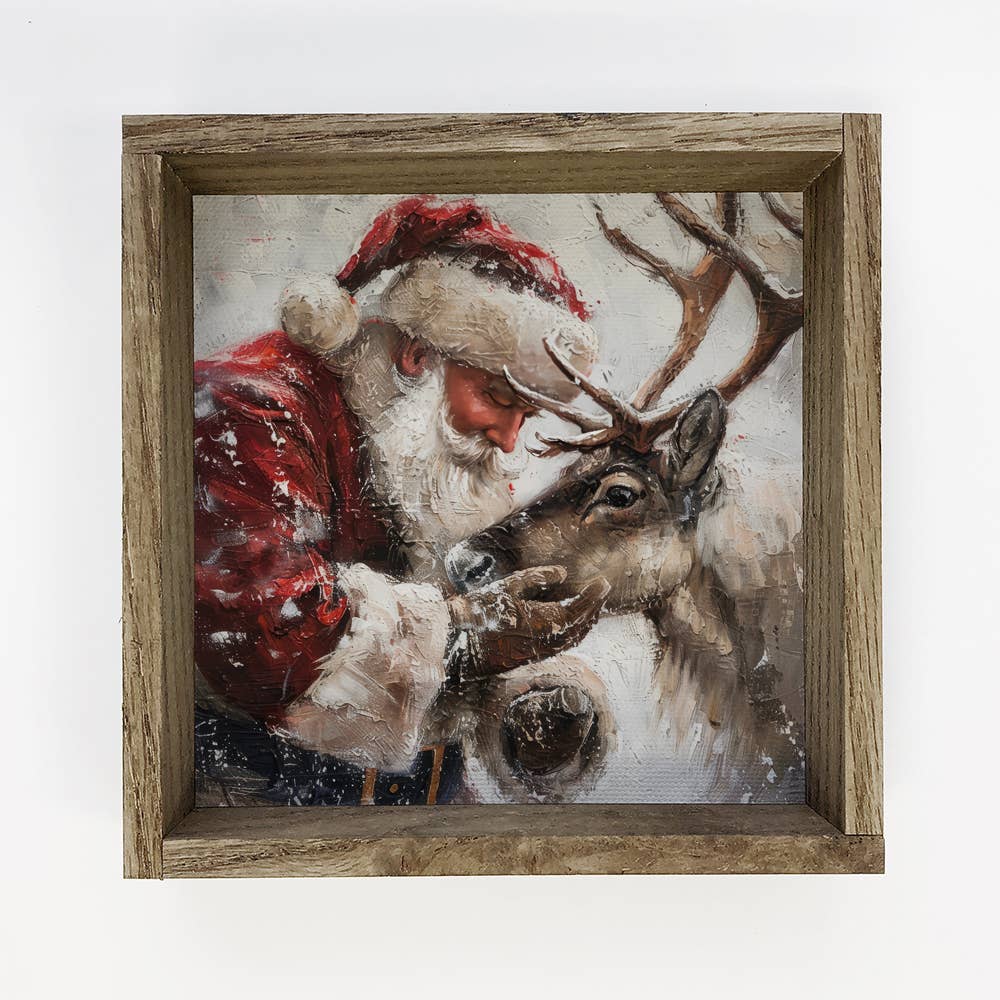 Santa Holding Reindeer - Santa Canvas Art - Wood Framed Art
