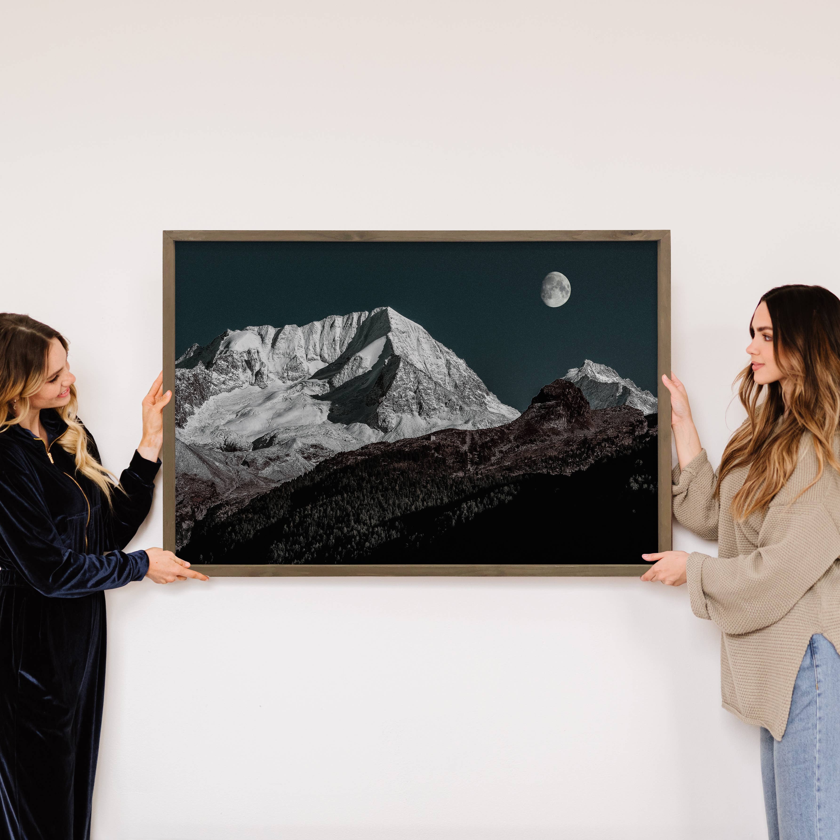 Moon Snow Mountain - Mountain Landscape Canvas Art - Framed