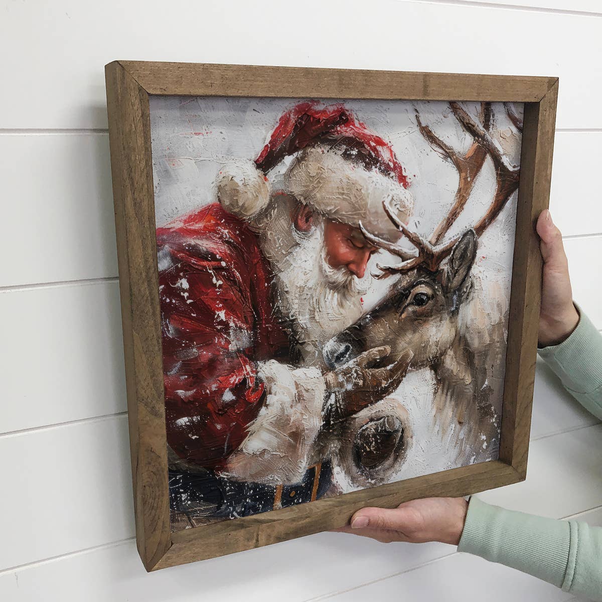 Santa Holding Reindeer - Santa Canvas Art - Wood Framed Art