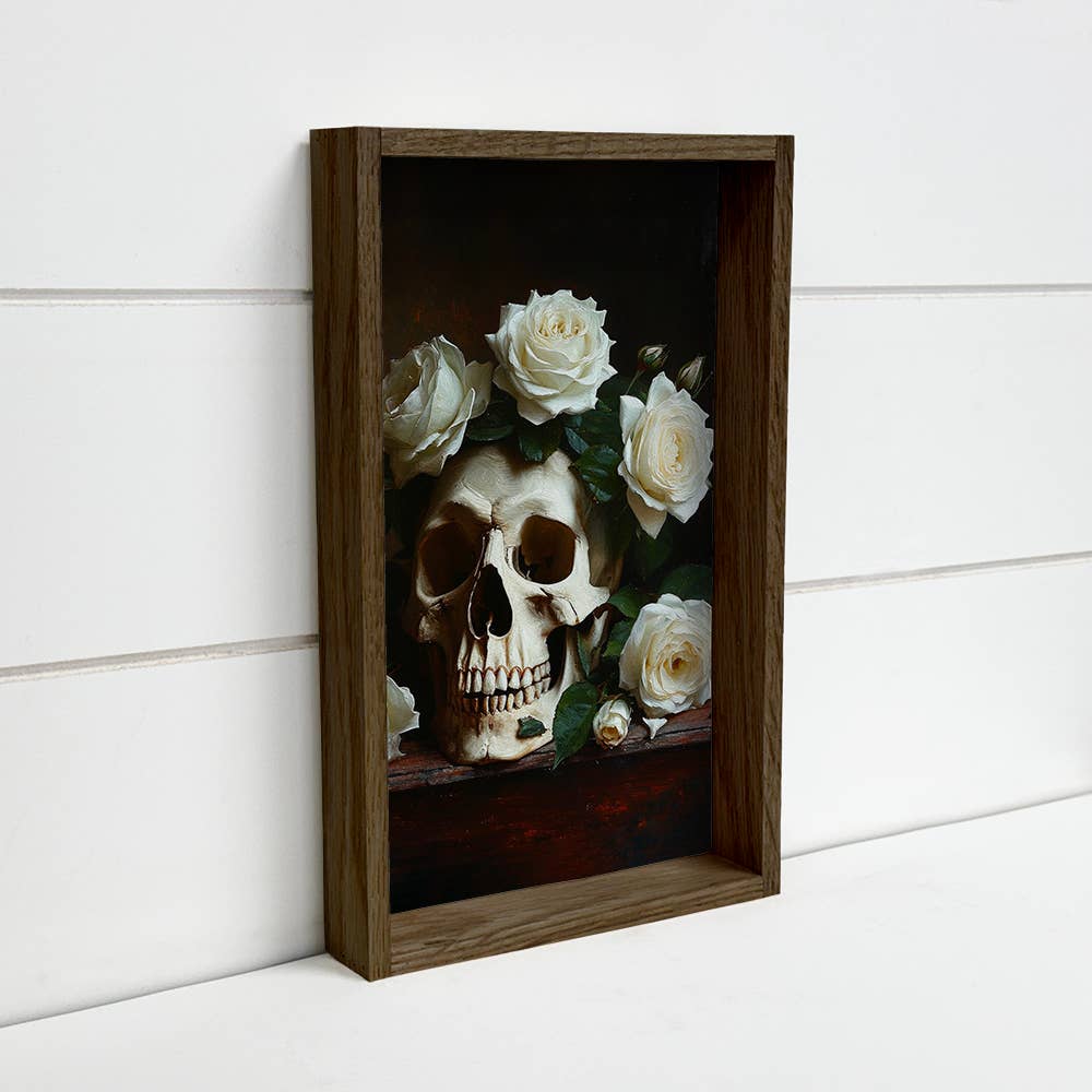 Skull with White Roses - Skull and Flower Canvas Art - Frame