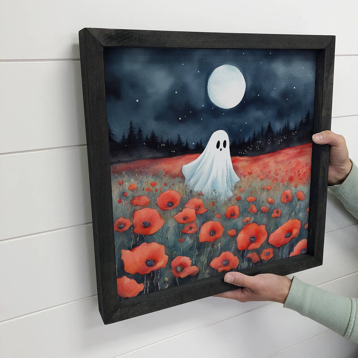 Cute Ghost Poppy Fields - Ghost Canvas Art - Wood Framed Art
