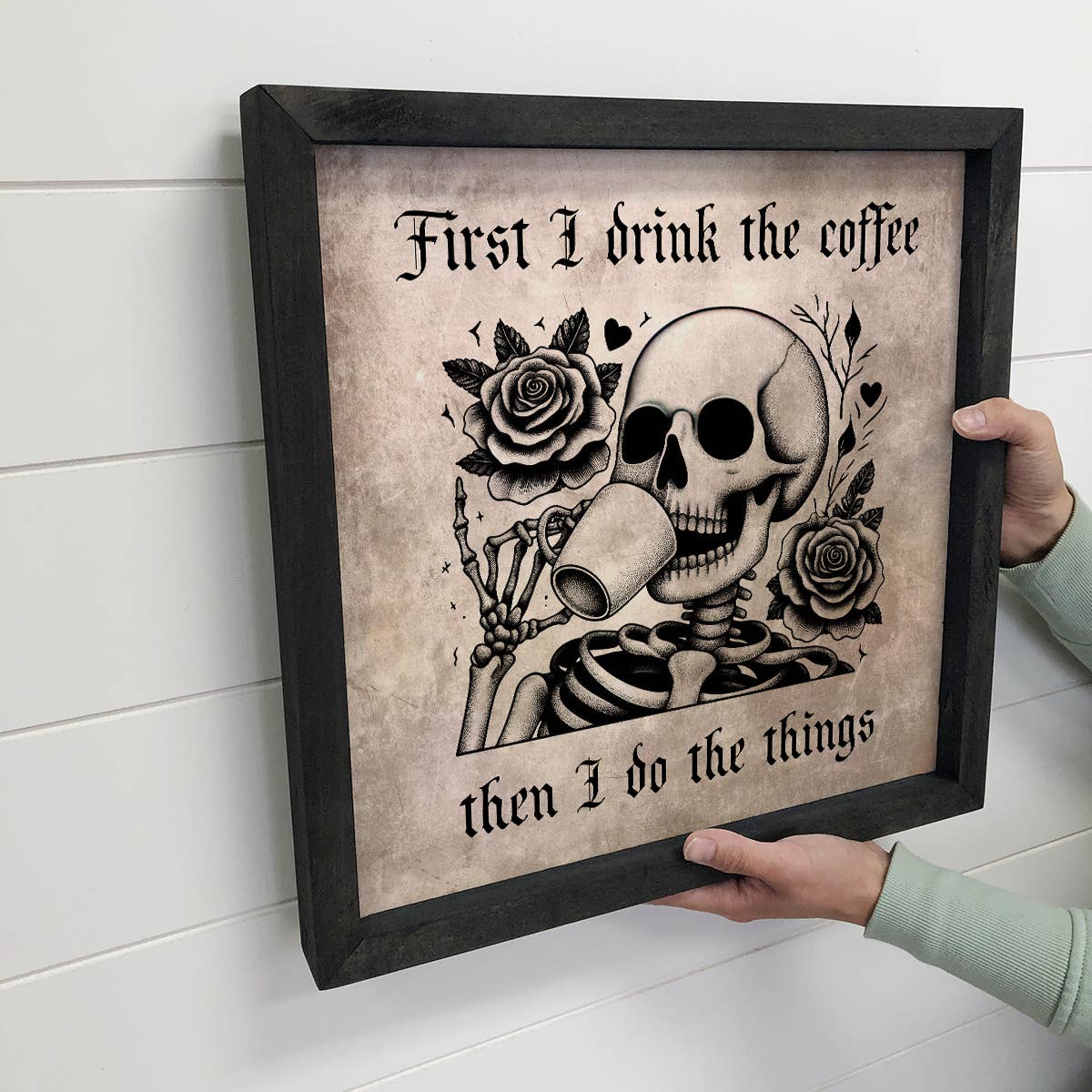 First I Drink the Coffee Skeleton - Halloween Canvas Art