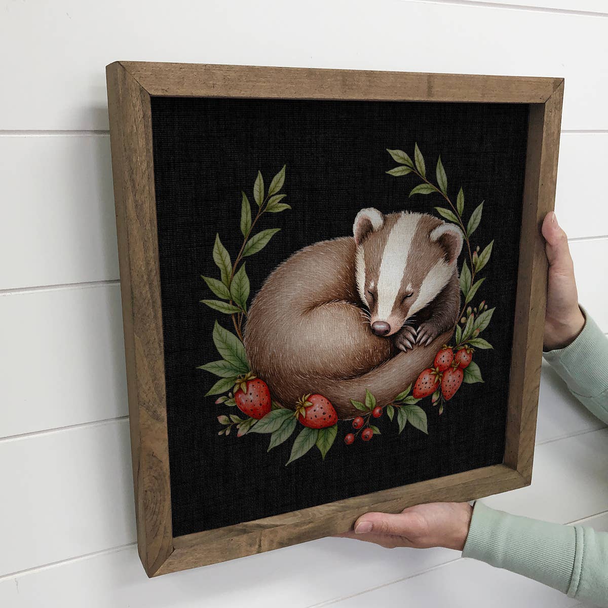 Sleeping Badger Woodland Berries - Cute Badger Canvas Art