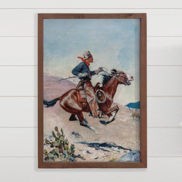 Pony Express Rider - Vintage Cowboy Canvas Art - Wood Framed