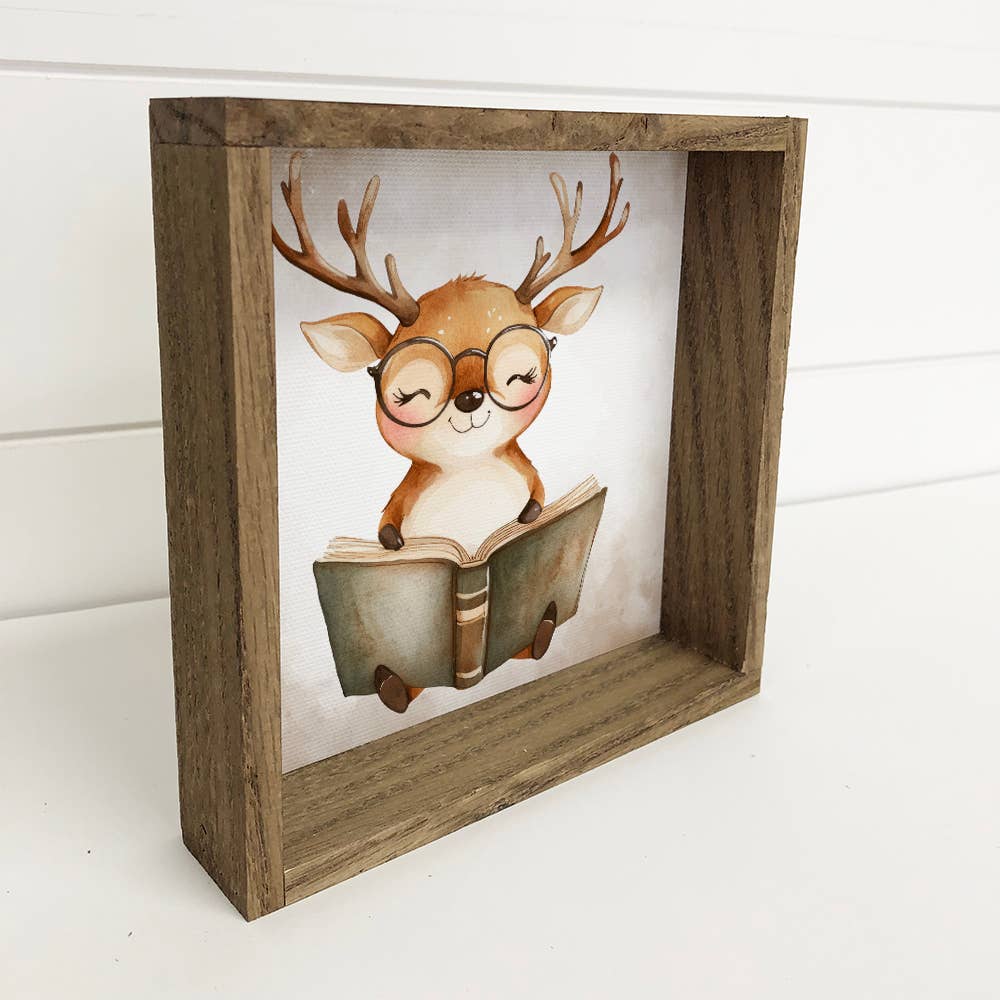 Deer Reading Book - Cute Deer Canvas Art - Wood Framed Art