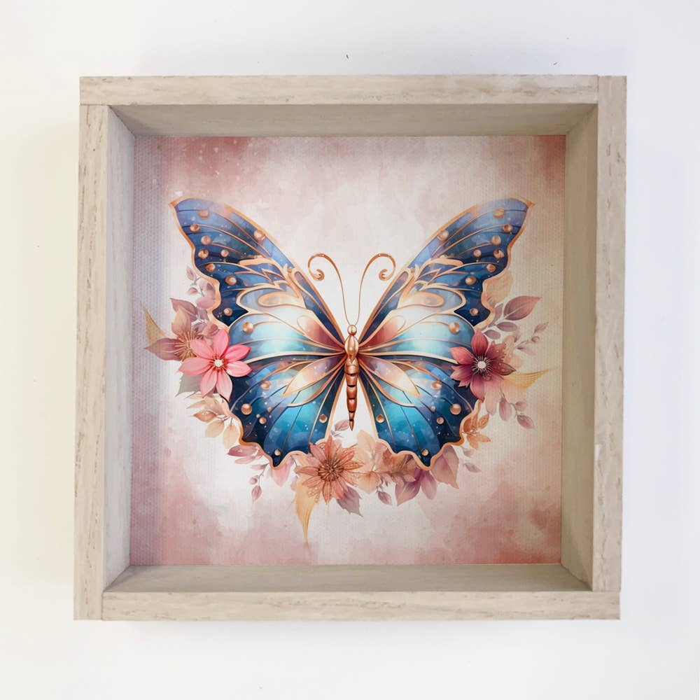 Butterfly Flowers Mauve Blue - Butterfly Canvas Art - Framed