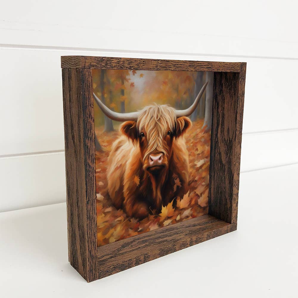 Highland Cow in Fall Leaves - Cute Framed Animal Wall Art