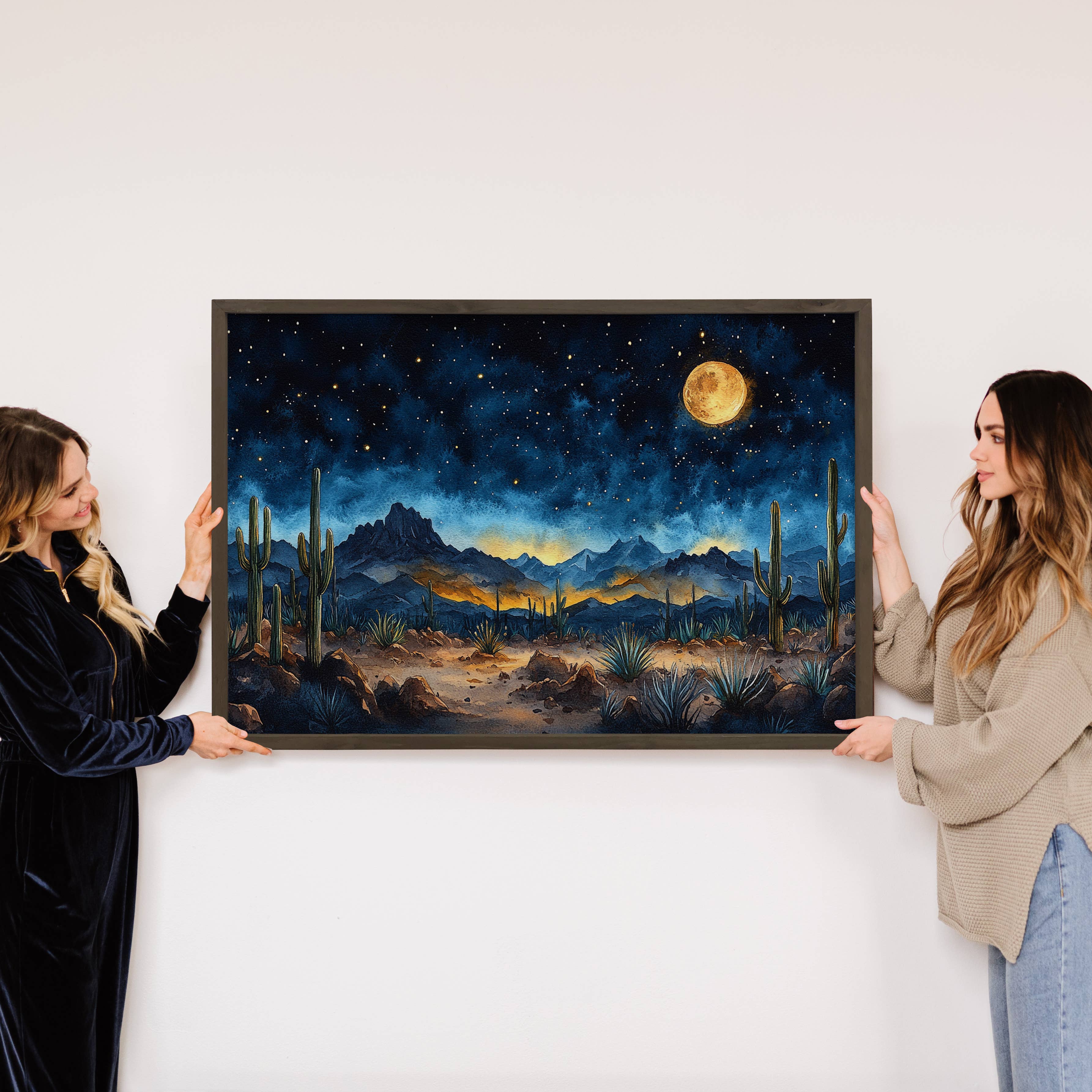 Dark Desert Night - Desert Landscape Canvas Art - Wood Frame