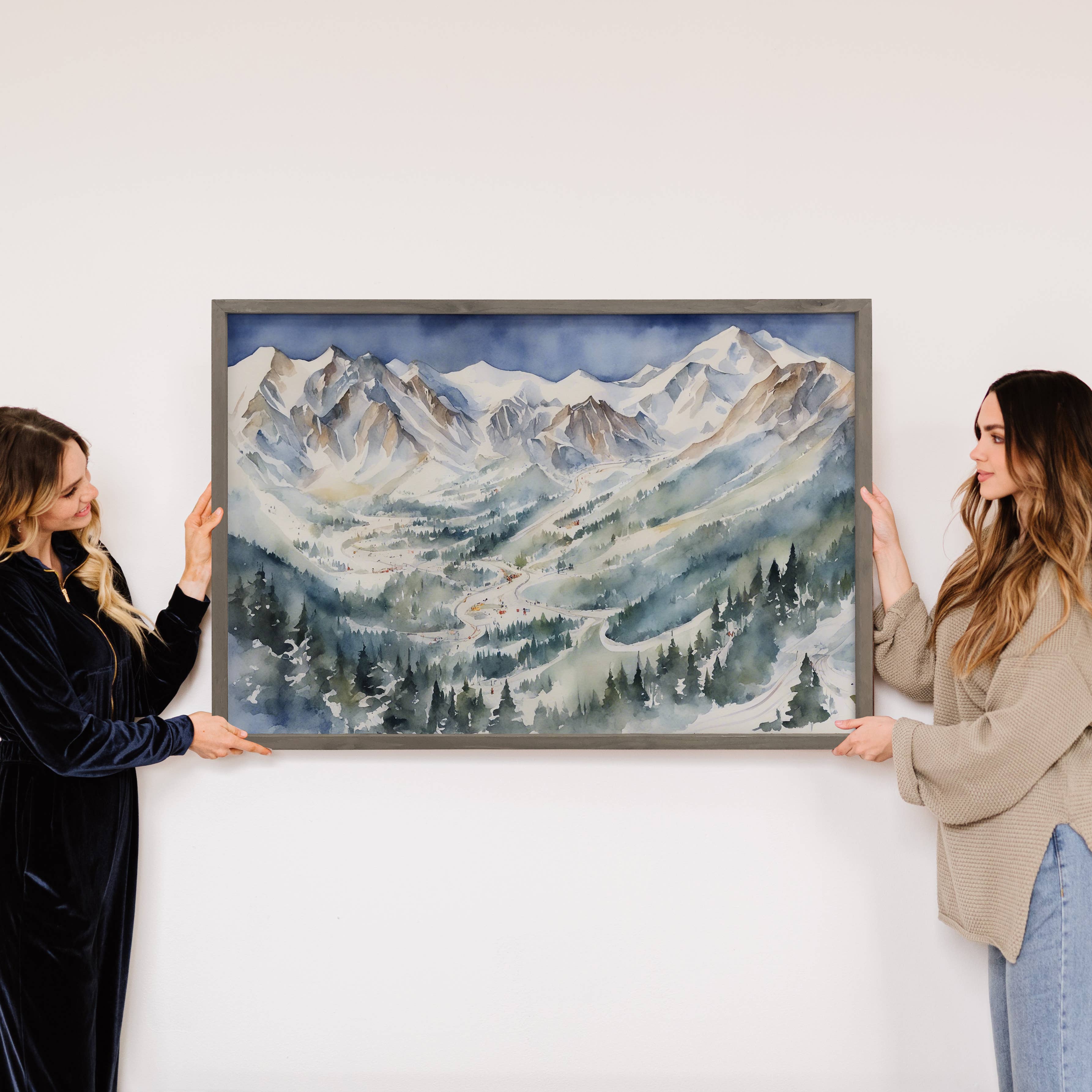 Ski Resort Watercolor - Winter Mountain Landscape Canvas Art