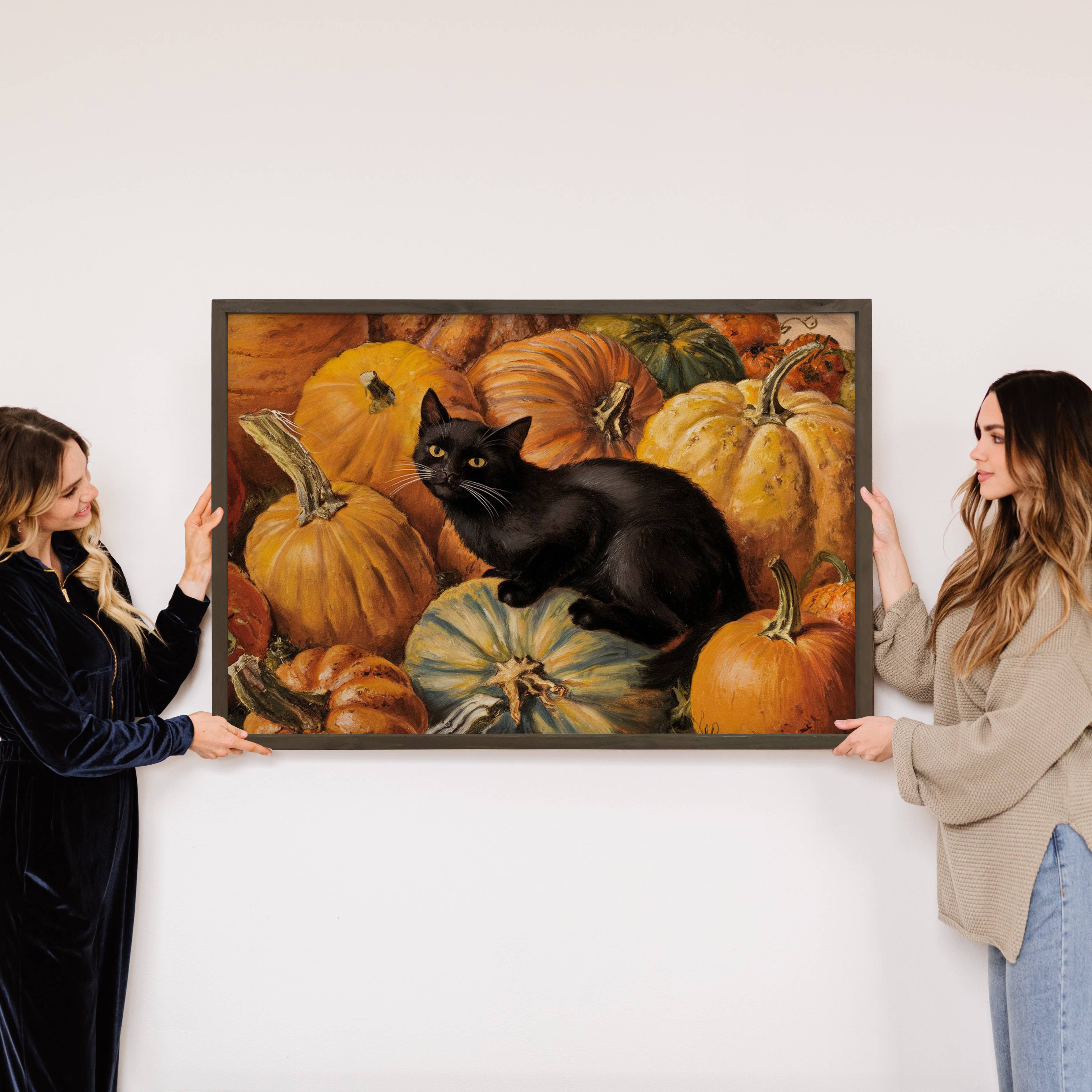Black Cat in Pumpkins - Fall Canvas Art - Wood Framed Art