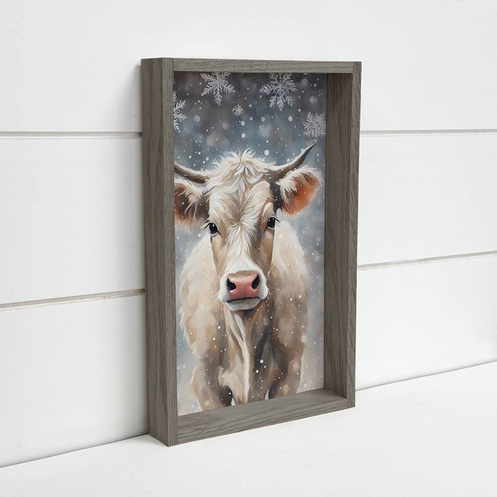 Snowflakes Baby White Cow - Winter Cow Canvas Art - Framed
