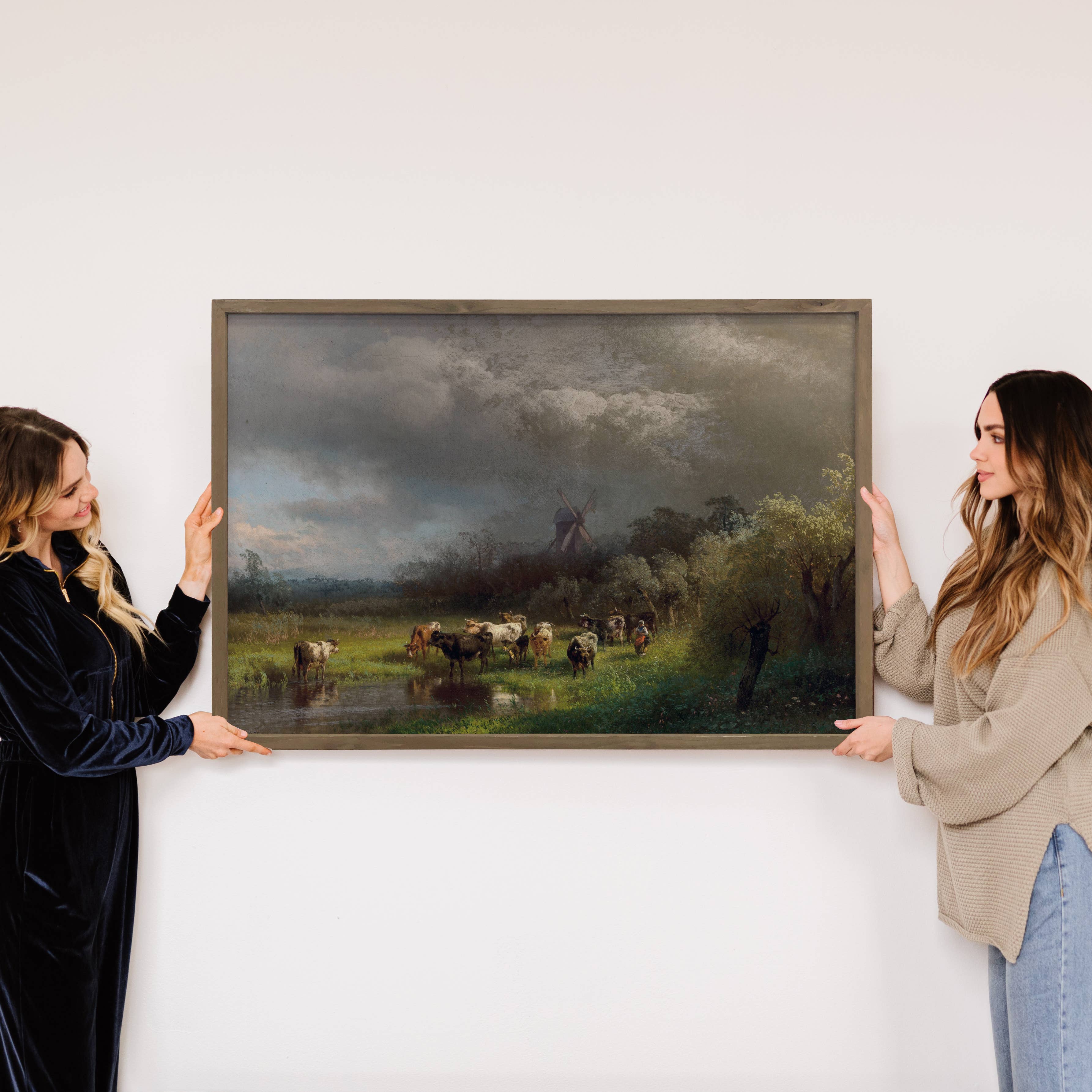 Windmill Cow Farm - Farmhouse Canvas Art - Wood Framed