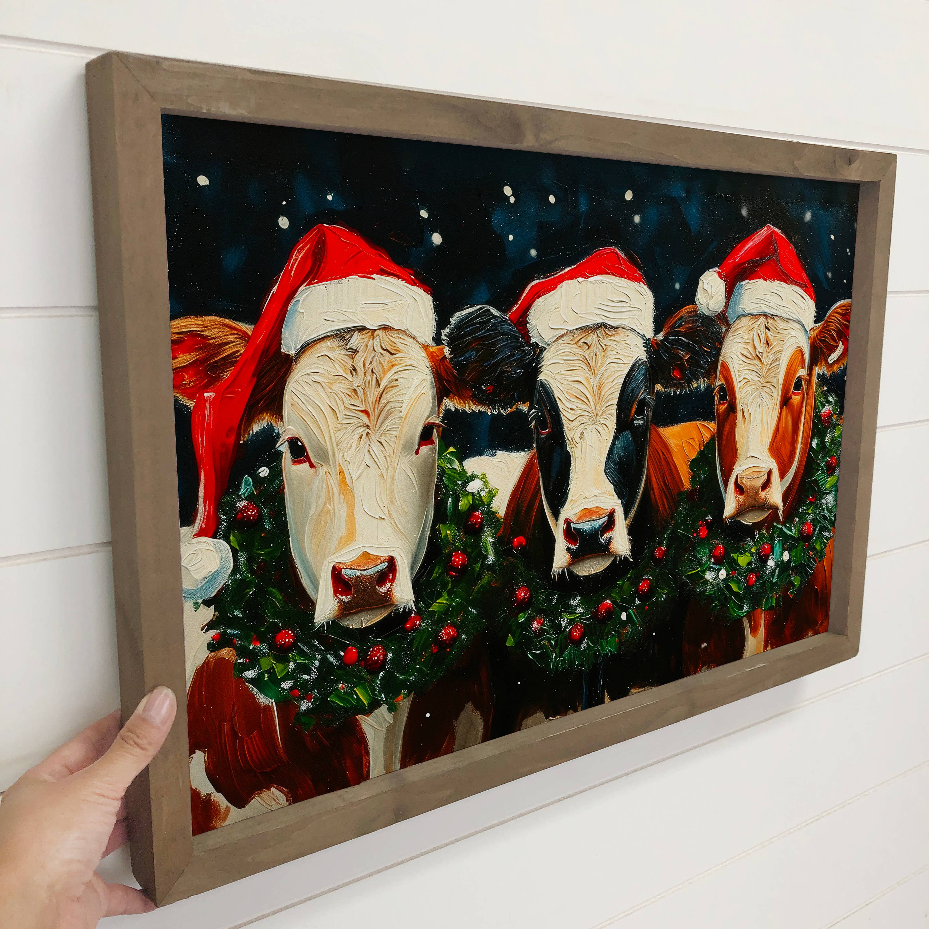 Three Christmas Cows - Christmas Canvas Art - Wood Framed