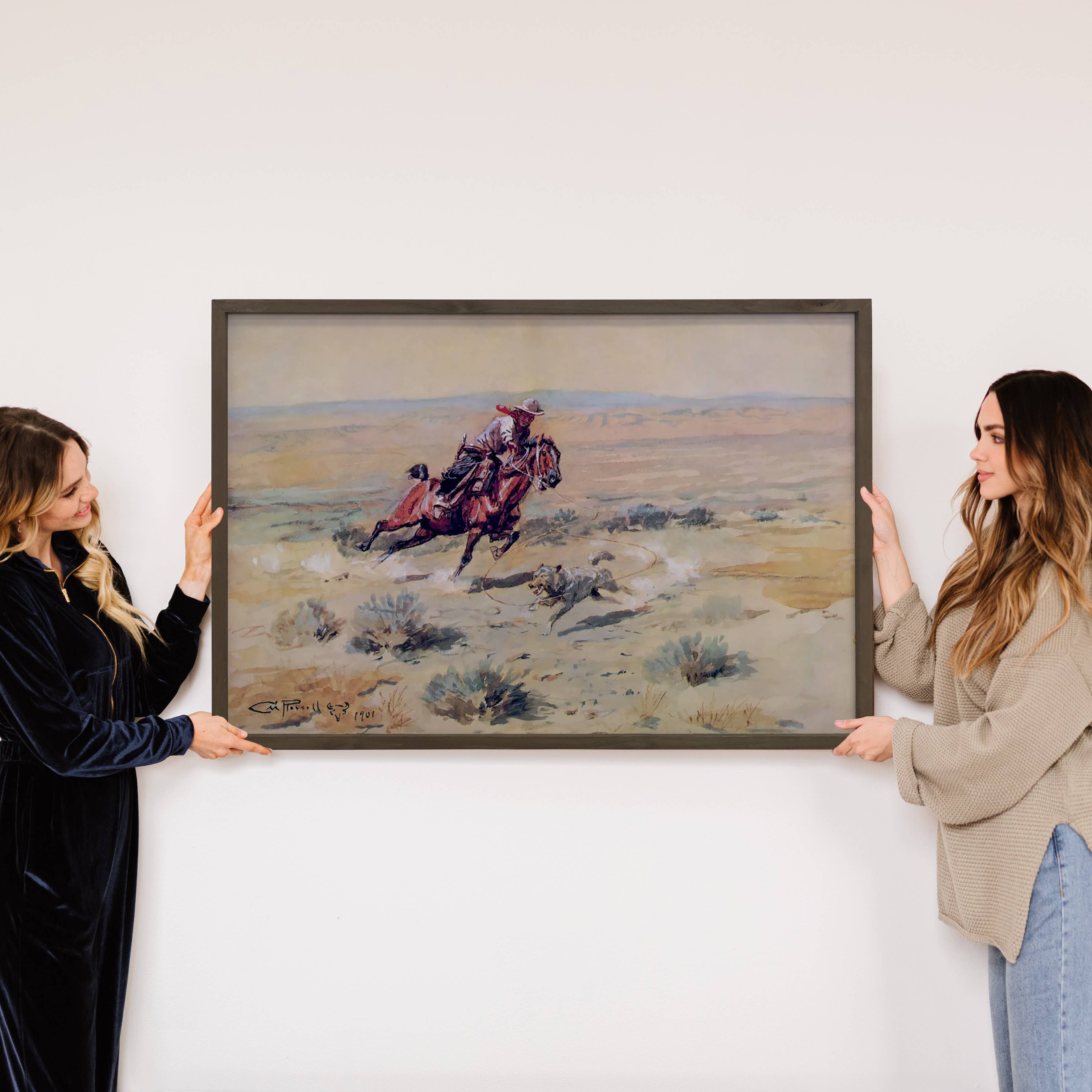 Cowboys vs Coyote - Cowboy Canvas Art - Wood Framed Wall Art