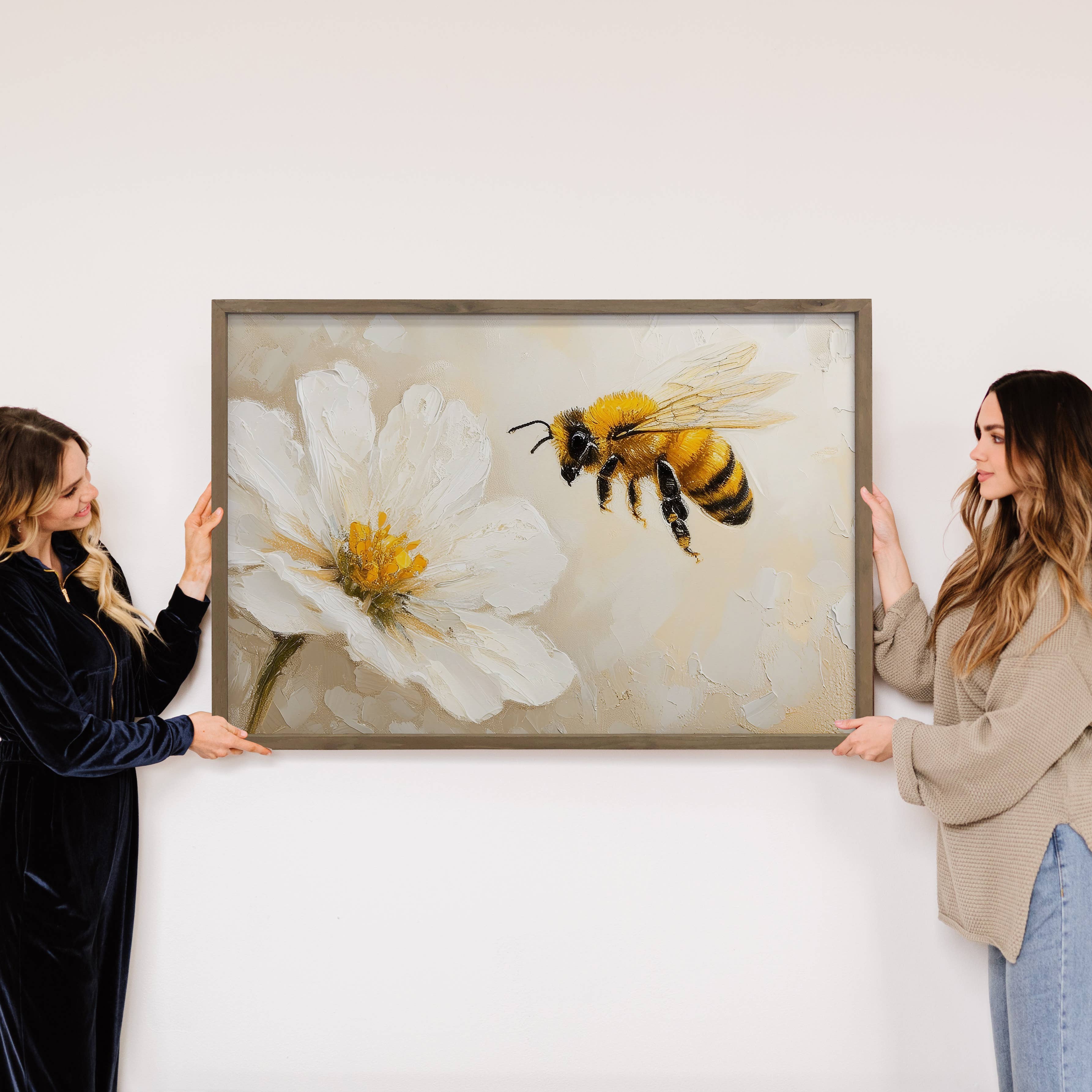 Bee and White Flower - Flower Canvas Art - Wood Framed Art