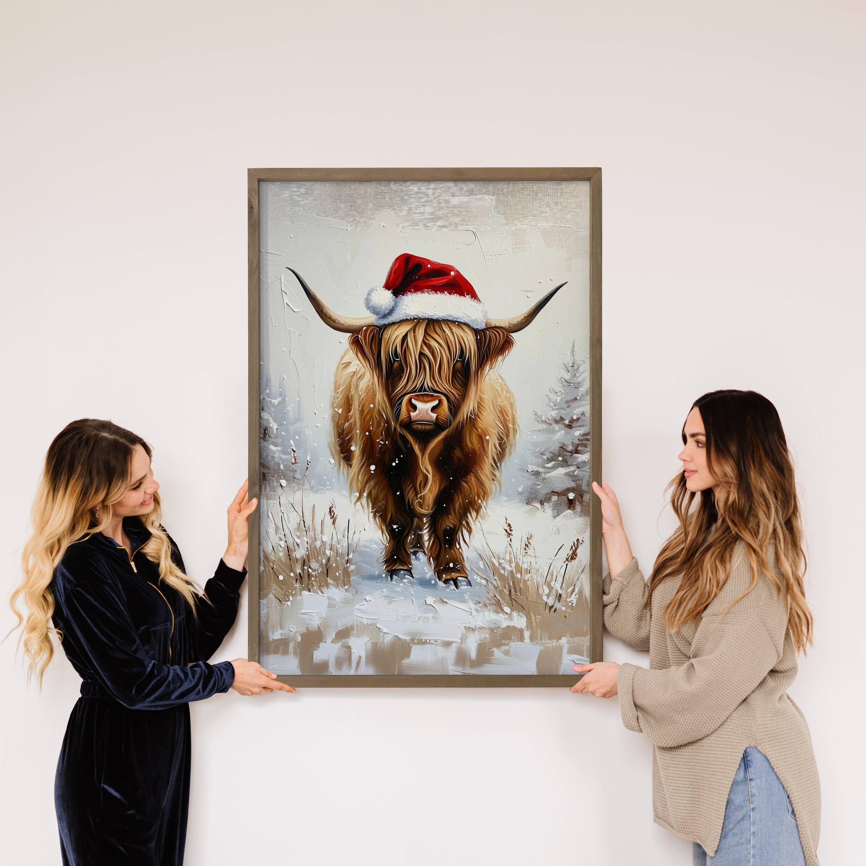 Snowy Highland Cow - Highland Cow Canvas Art - Wood Framed