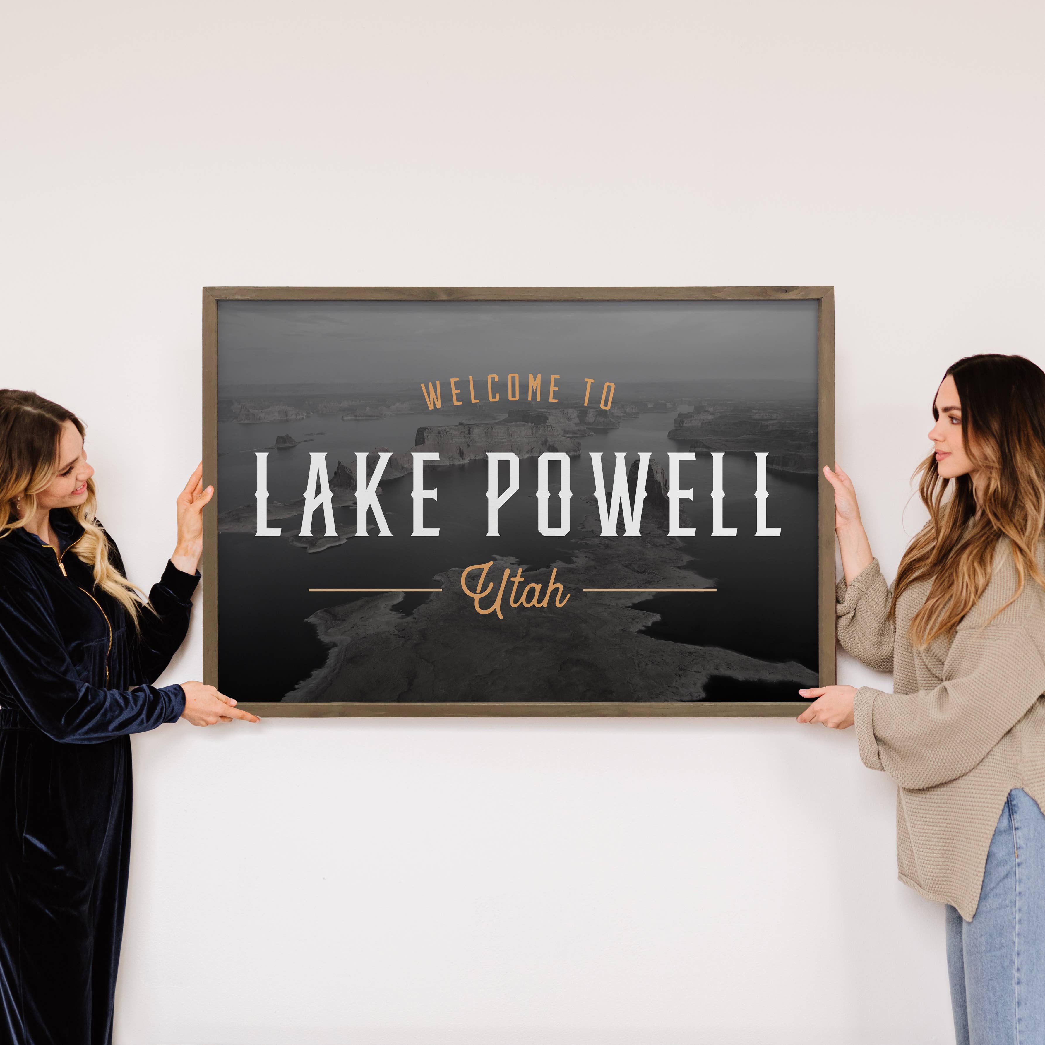 Welcome to Custom Lake Black Background - Wood Framed Sign