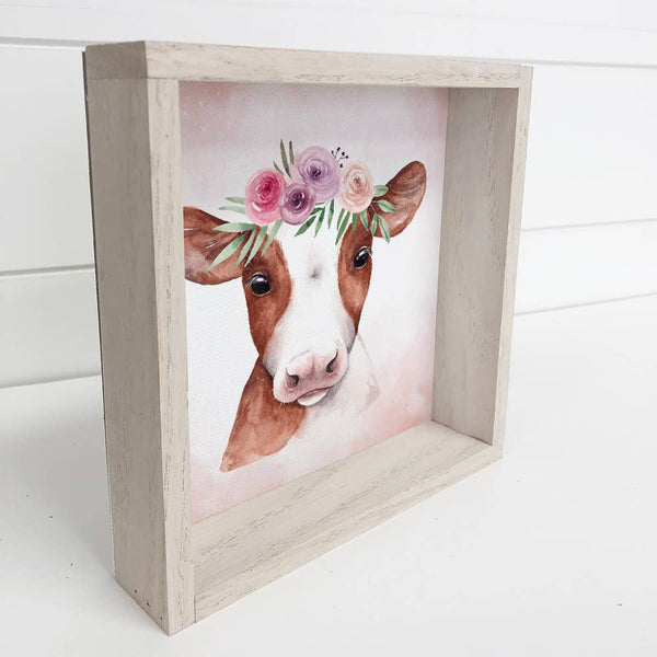 Cow Canvas- Baby Girl Watercolor Cow Wood Frame Sign