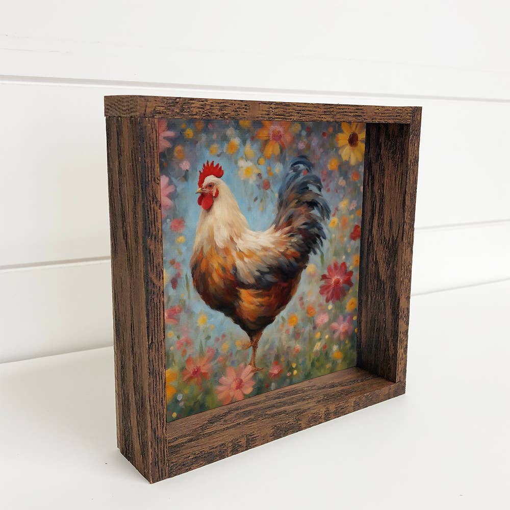 Colorful Floral Chicken - Wood Framed Farmhouse Canvas Art