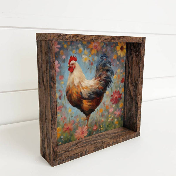 Colorful Floral Chicken - Wood Framed Farmhouse Canvas Art
