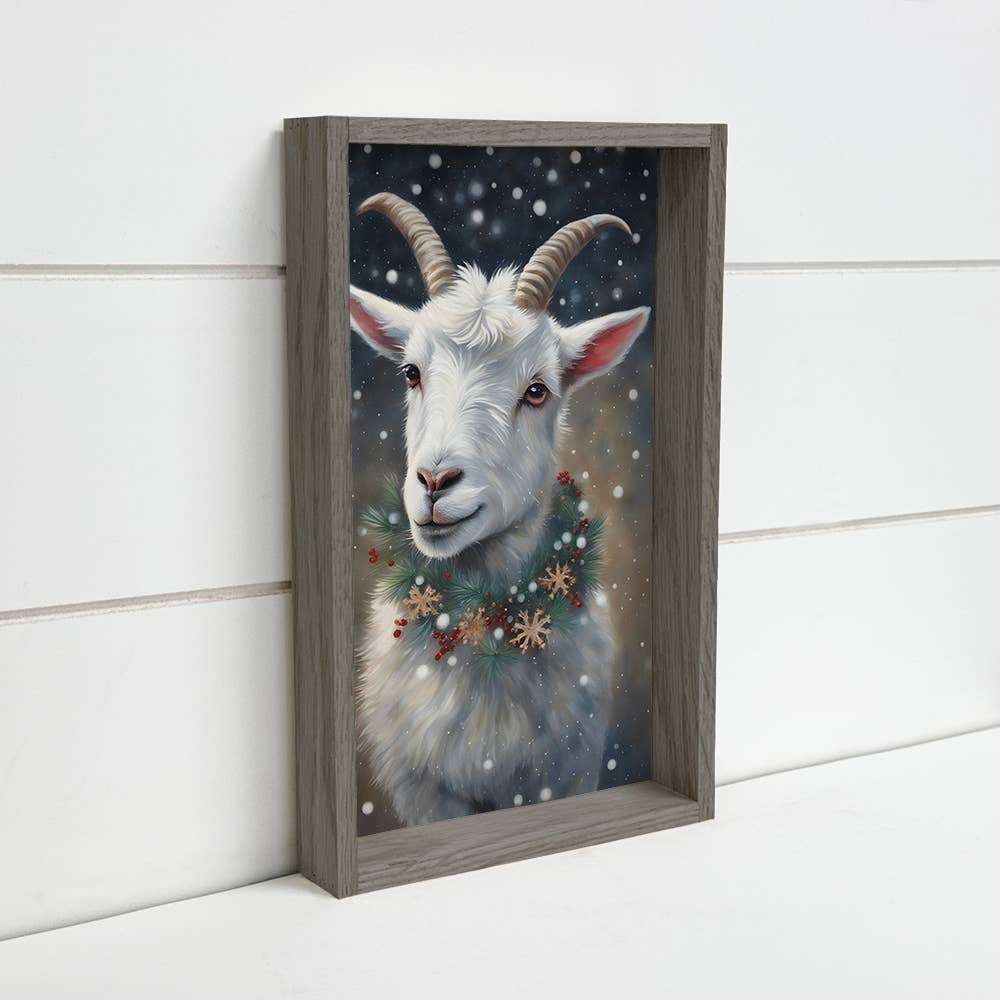 Christmas Goat in the Snow - Goat Canvas Art - Wood Framed