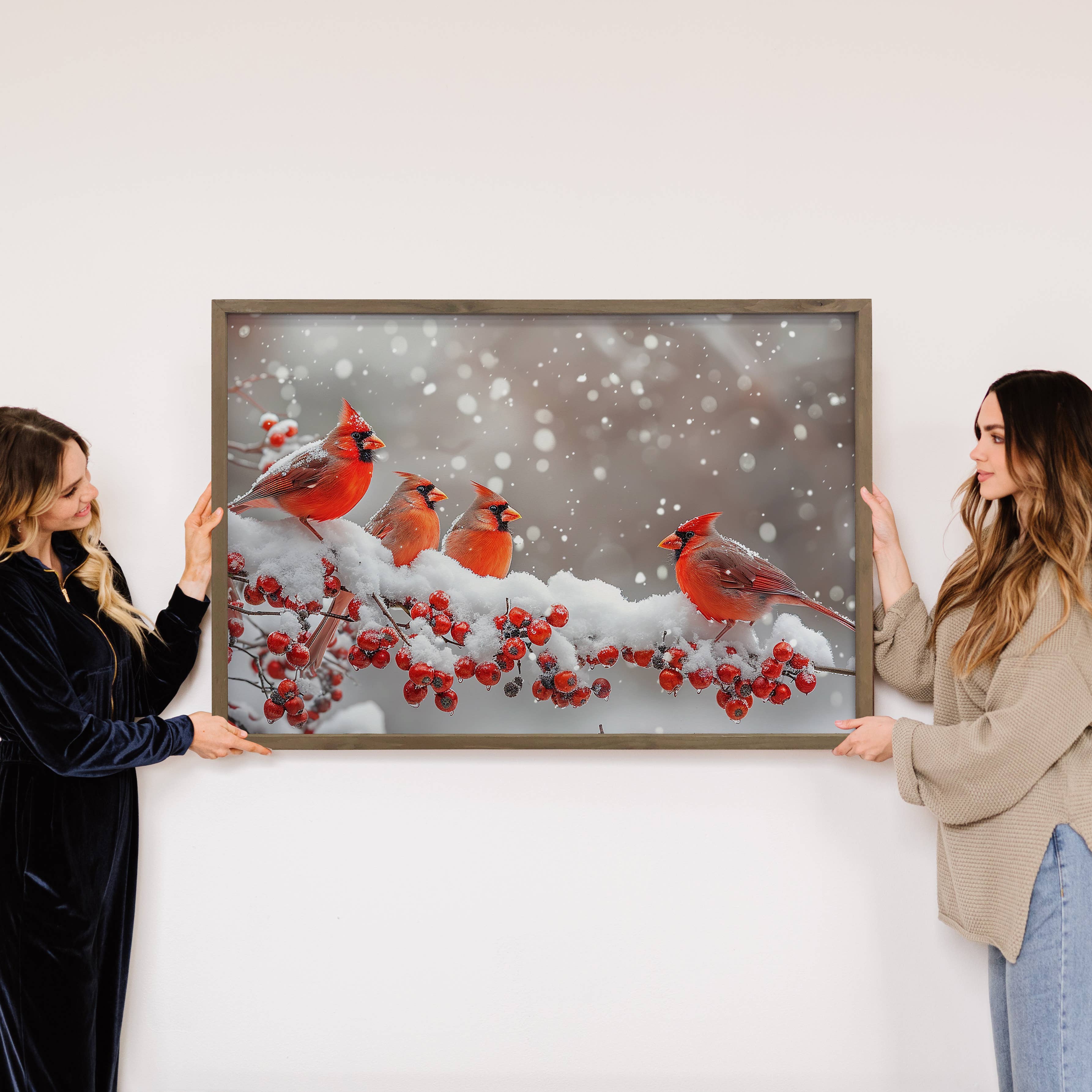 Cardinals on Winter Berry Branch - Wildlife Canvas Art