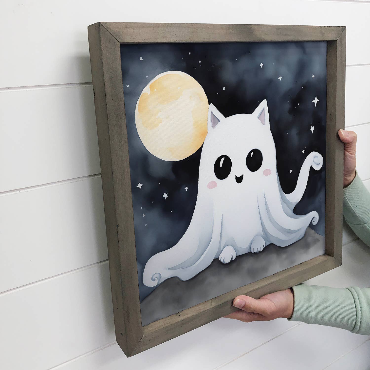 Cute Ghost Cat - Halloween Canvas Art - Wood Framed Artwork