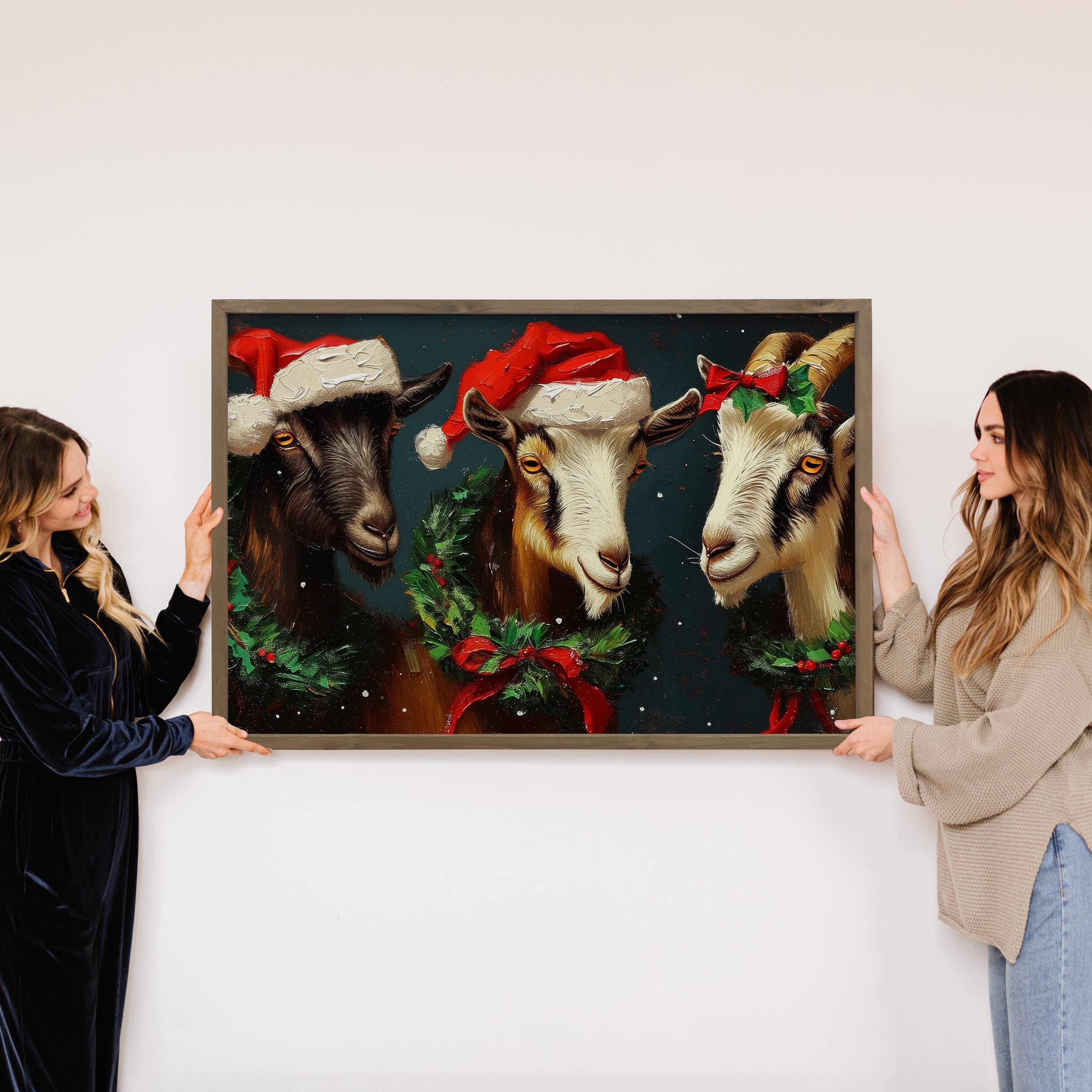 Three Christmas Goats - Christmas Canvas Art - Wood Framed